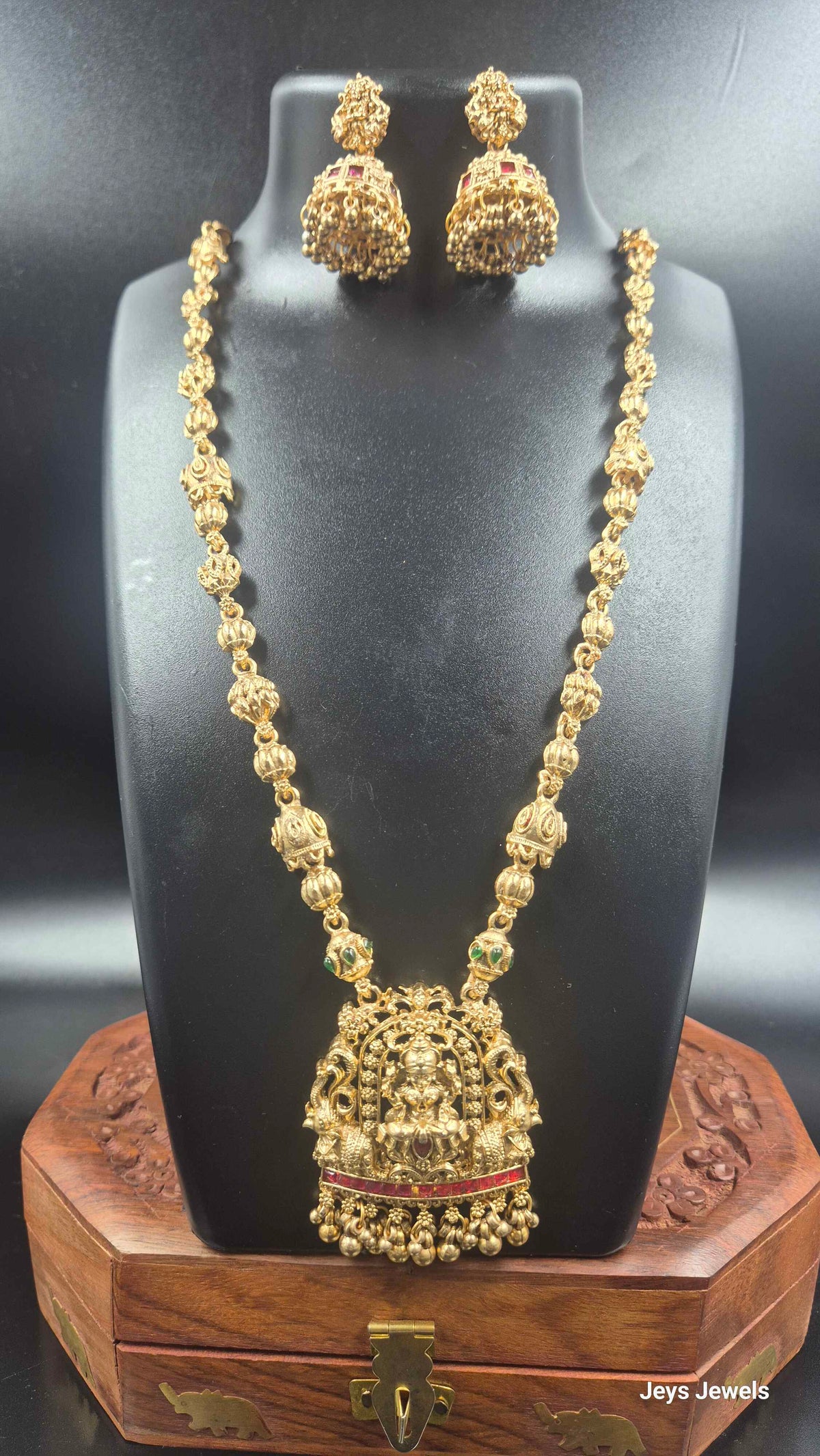 Lakshmi Pendant Long Haram with Red  Stone Accents