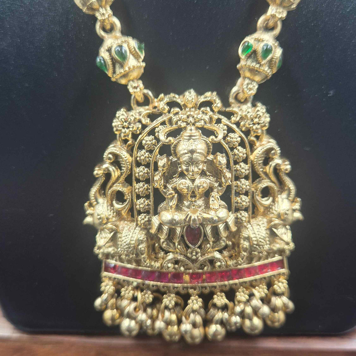 Lakshmi Pendant Long Haram with Red  Stone Accents