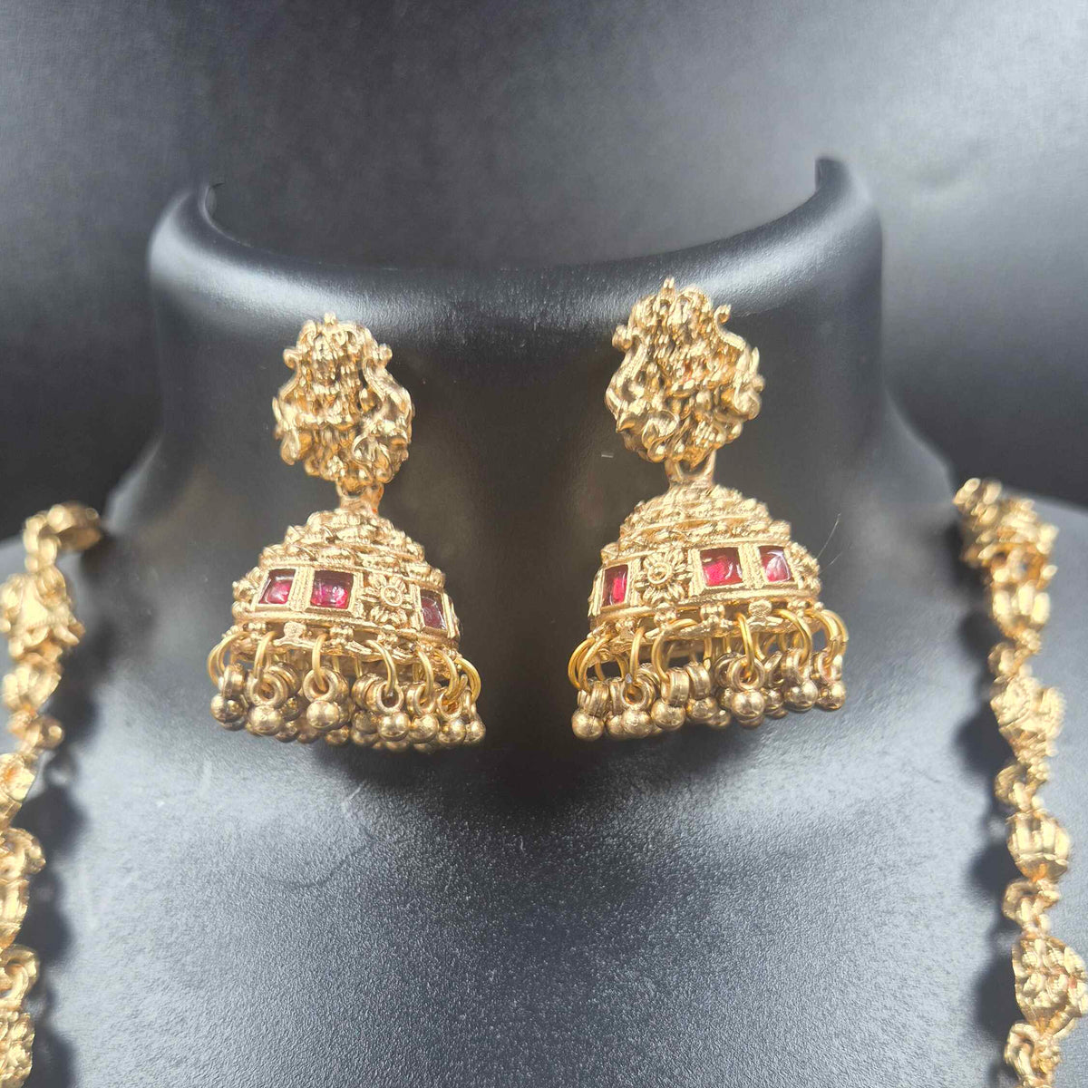 Antique Gold Lakshmi Temple Necklace with Matching Jhumka Earrings