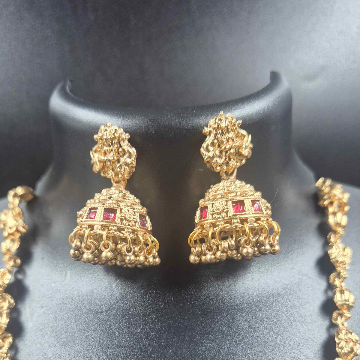 Lakshmi Pendant Long Haram with Red  Stone Accents