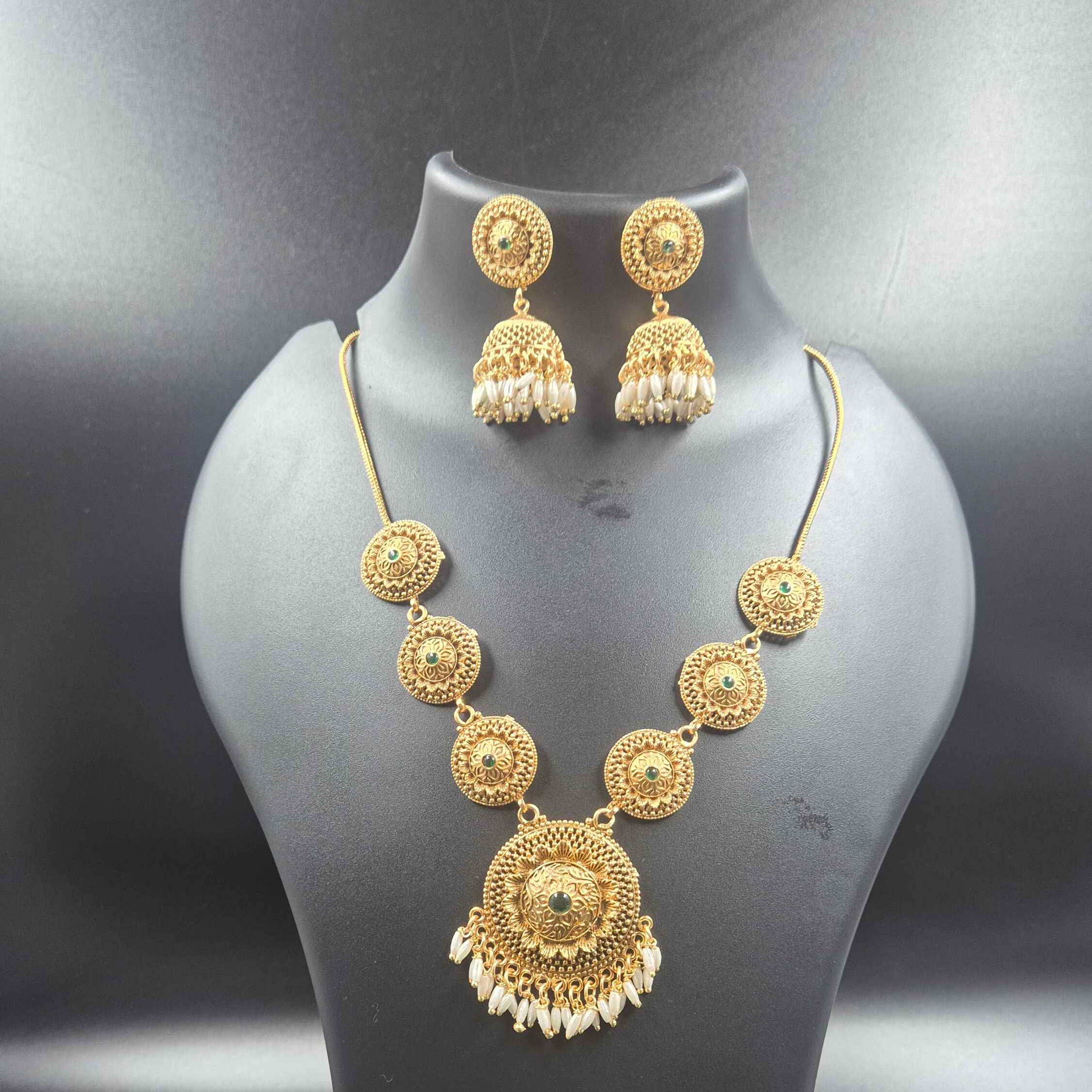 Antique Gold Finish Lakshmi Coin Necklace Set with Pearl Drops