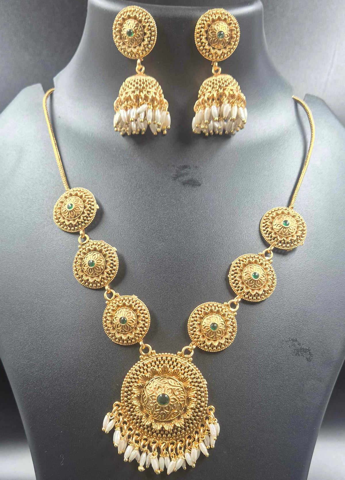 Antique Gold Finish Lakshmi Coin Necklace Set with Pearl Drops