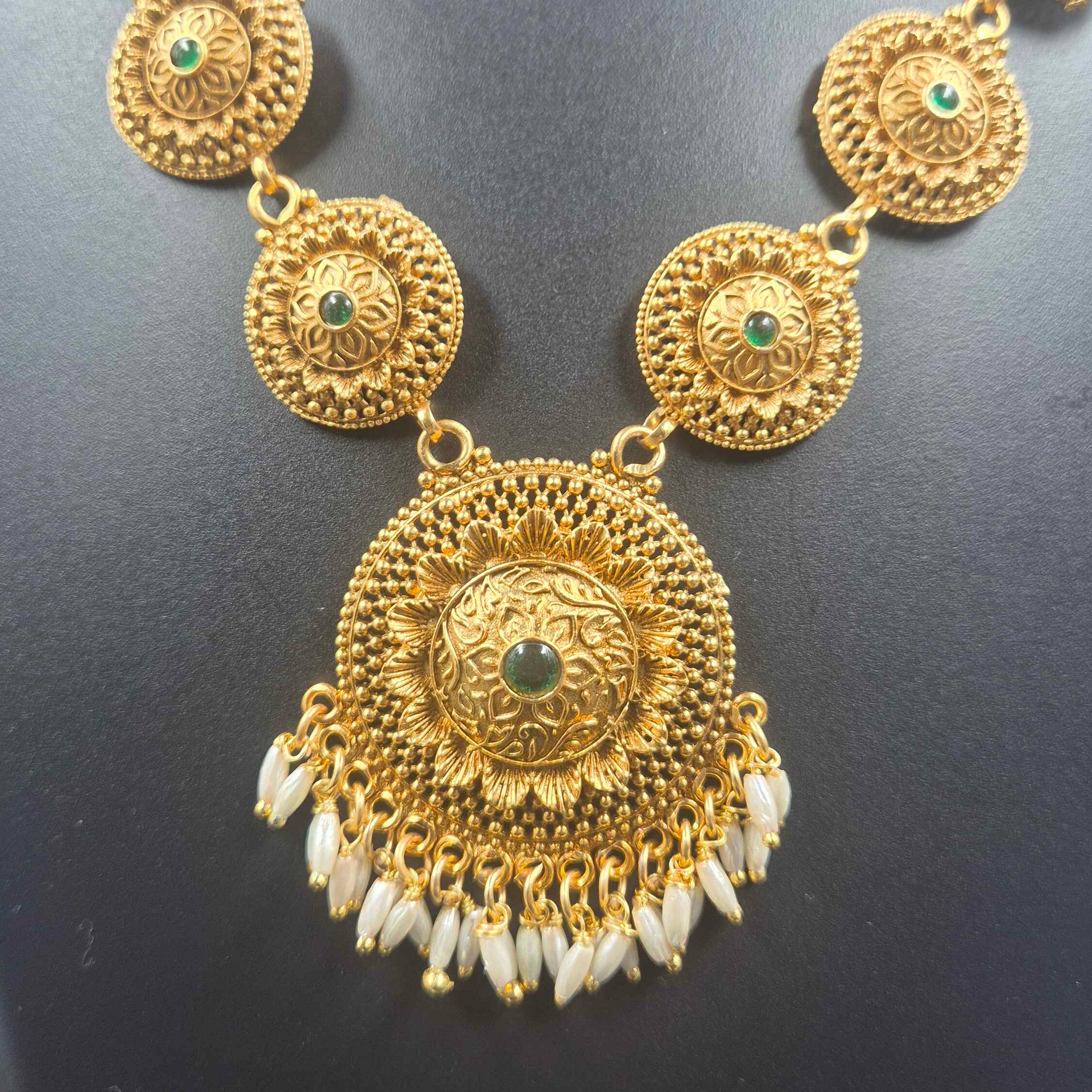 Antique Gold Finish Lakshmi Coin Necklace Set with Pearl Drops