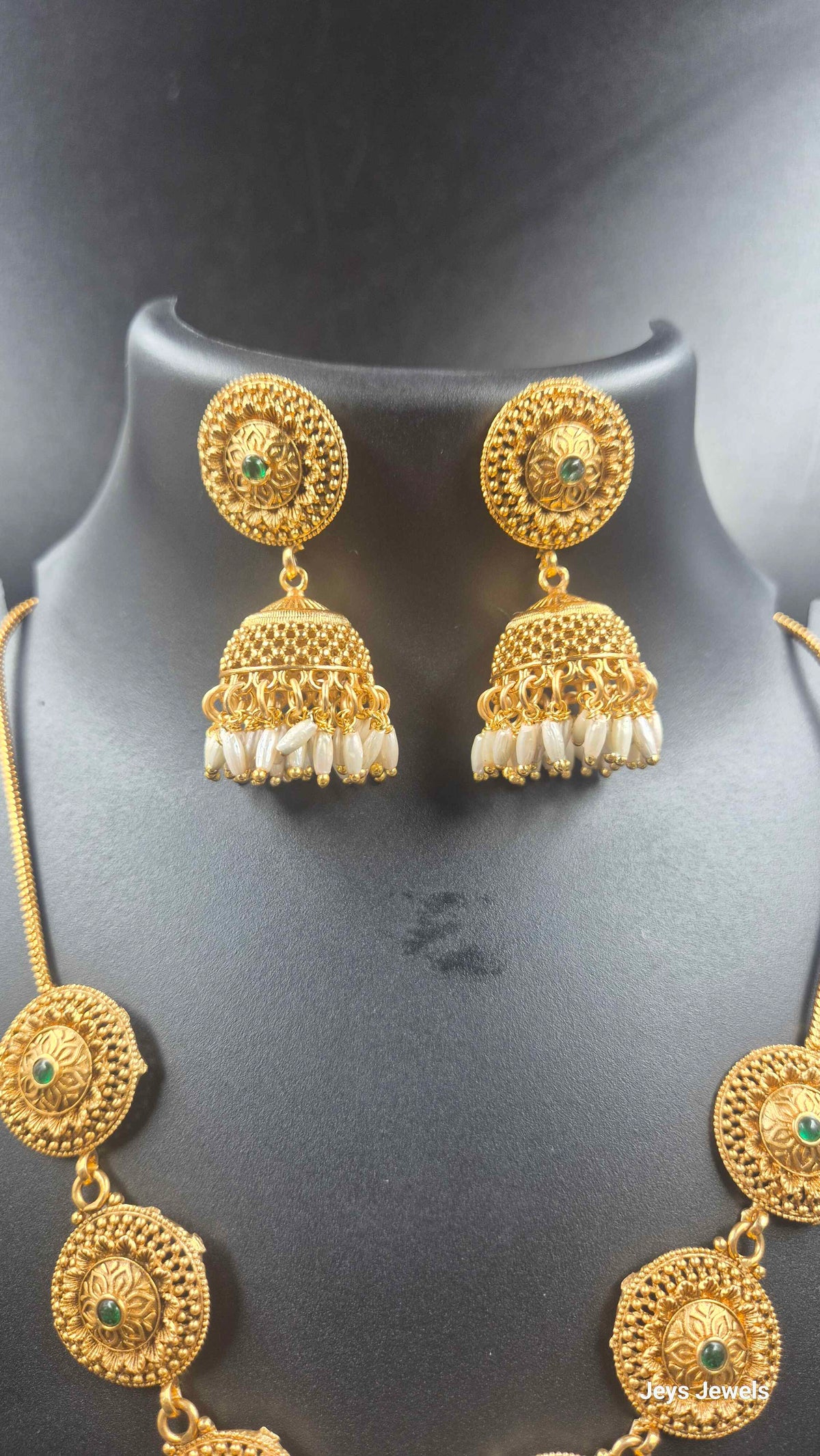 Antique Gold Finish Lakshmi Coin Necklace Set with Pearl Drops