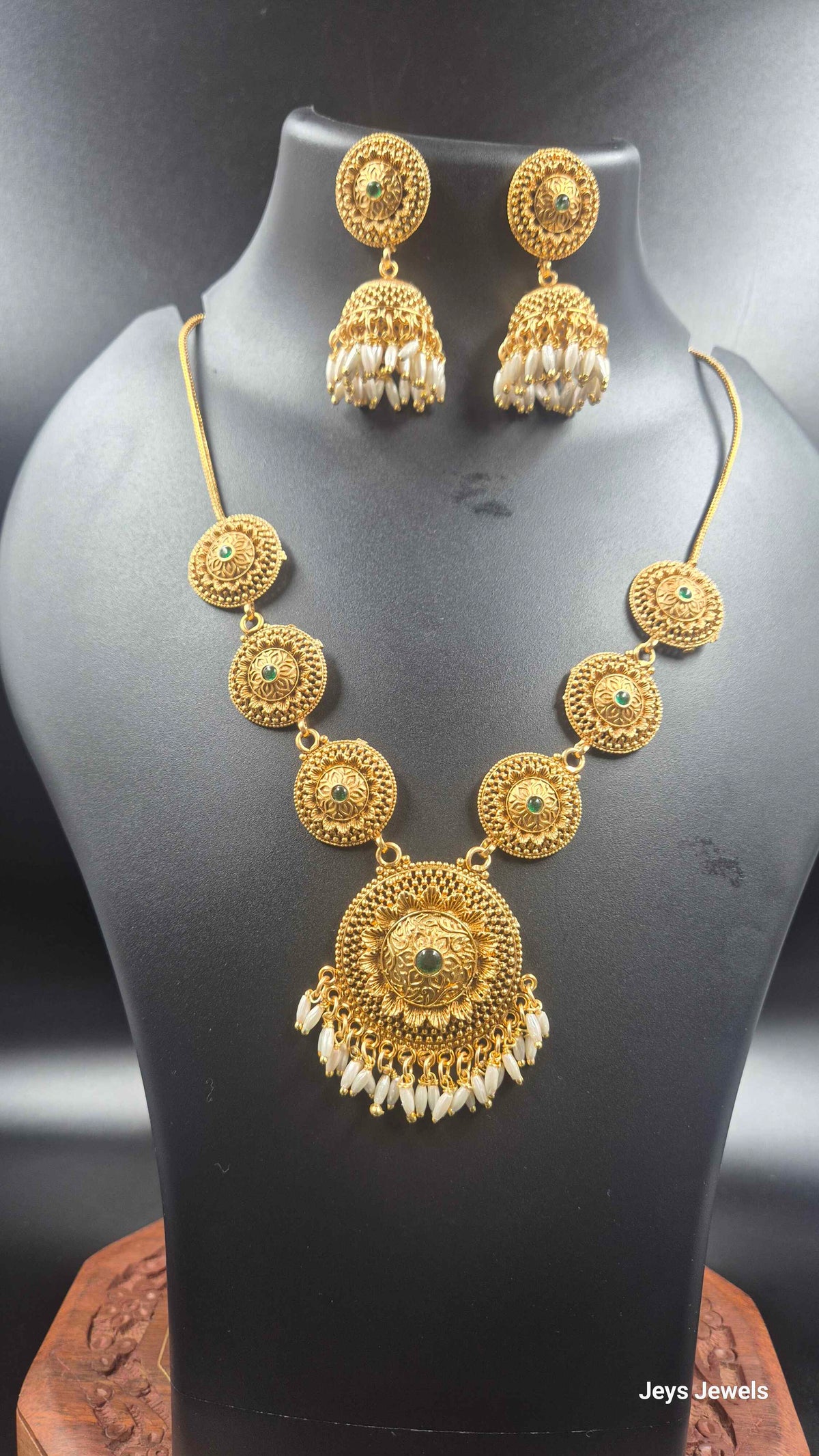 Antique Gold Finish Lakshmi Coin Necklace Set with Pearl Drops