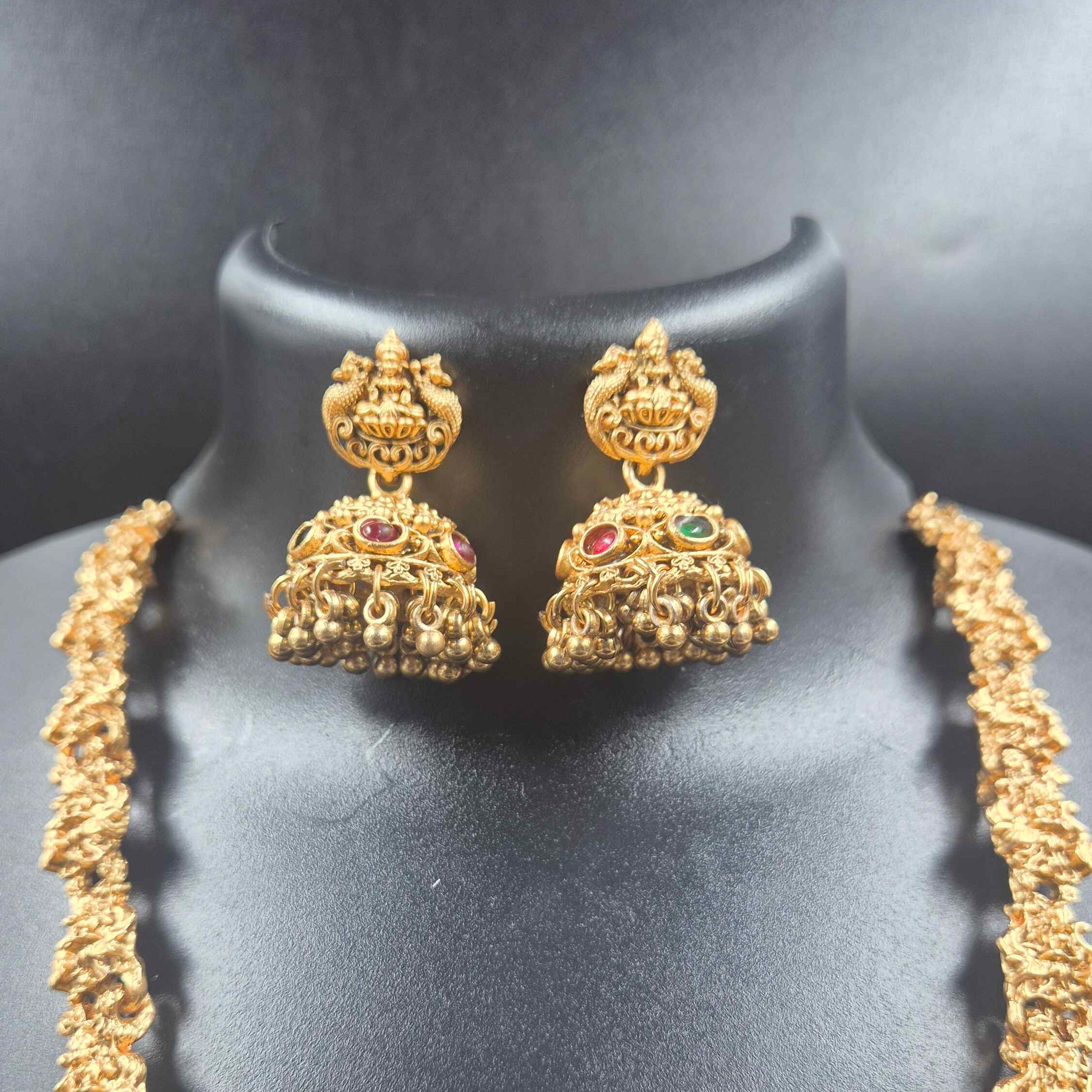 Antique Gold Lakshmi Pendant Necklace with Jhumka Earrings