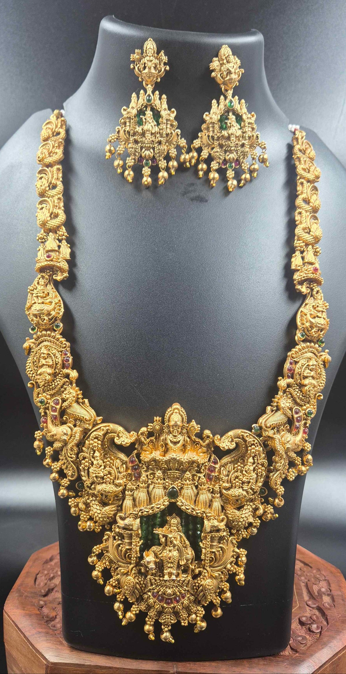 Grand Krishna Temple Necklace Set with Designer Jhumkas