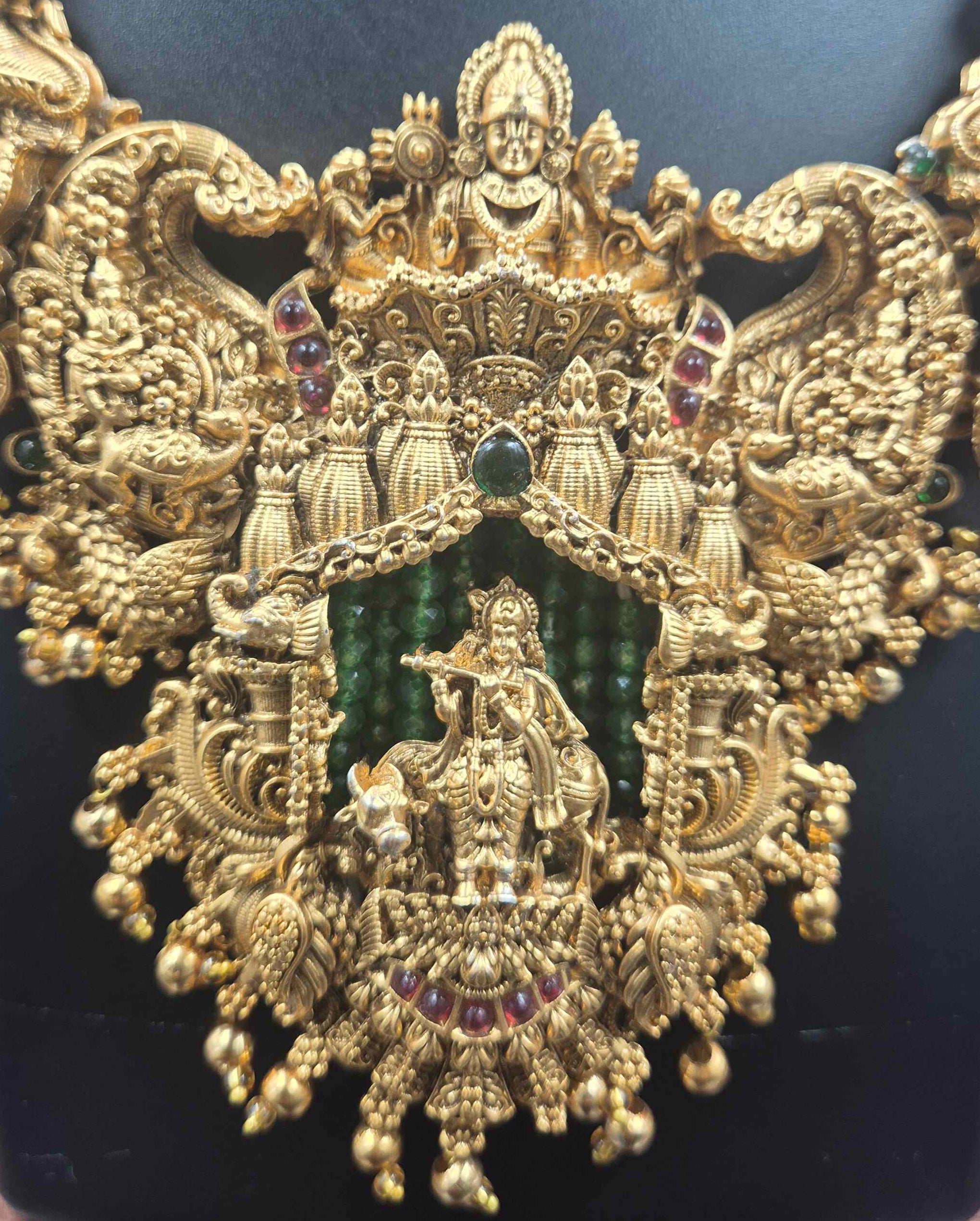 Grand Krishna Temple Necklace Set with Designer Jhumkas