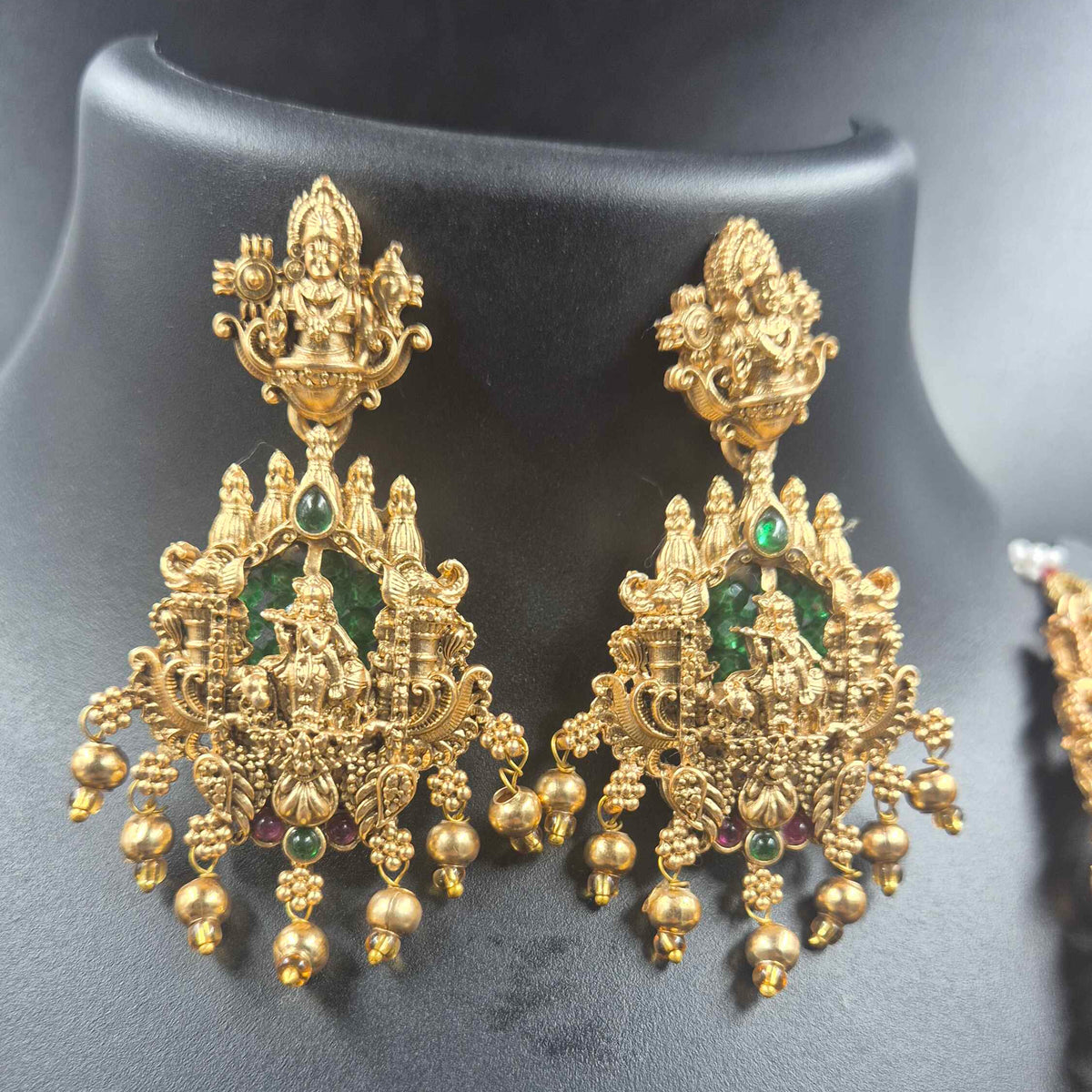Grand Krishna Temple Necklace Set with Designer Jhumkas