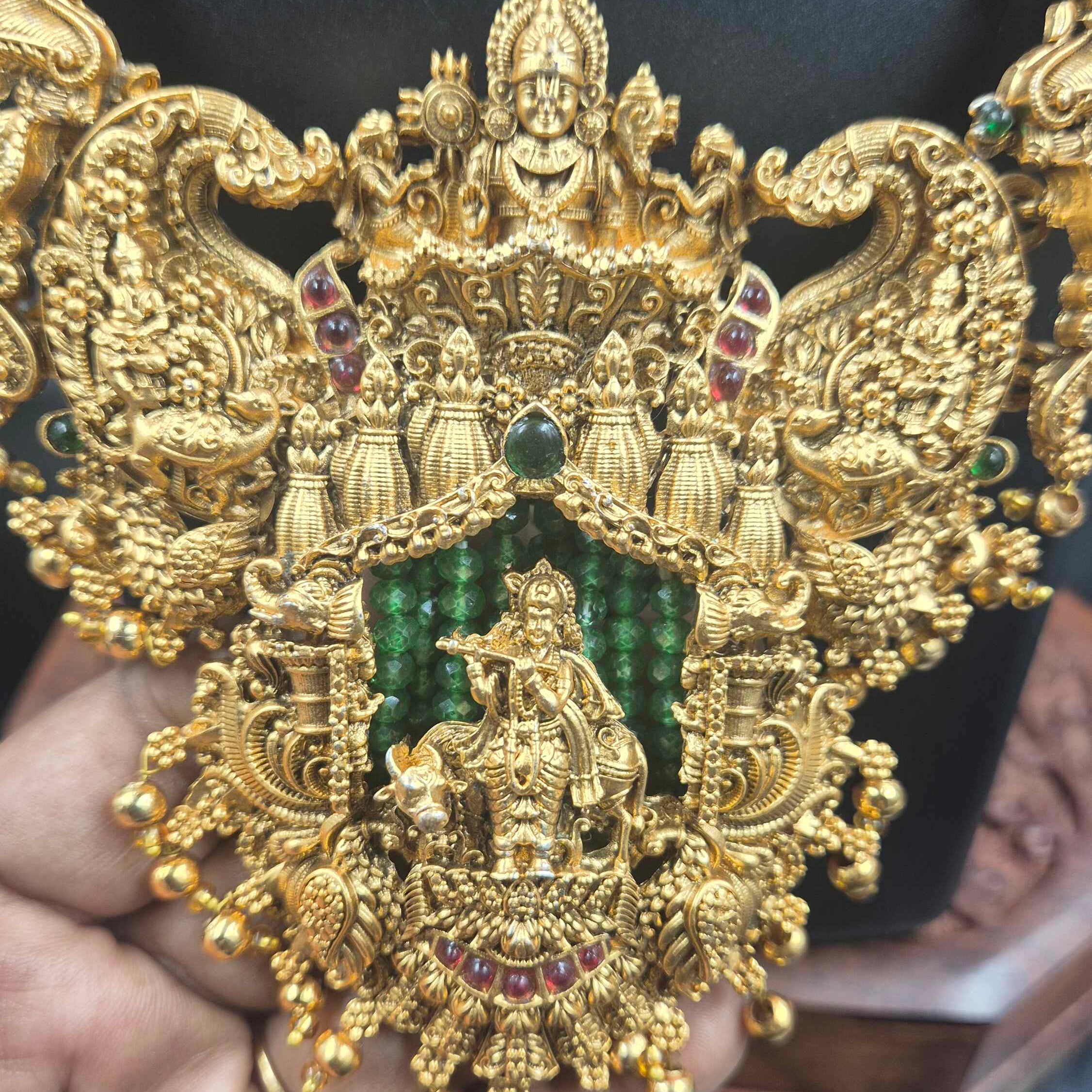 Grand Krishna Temple Necklace Set with Designer Jhumkas