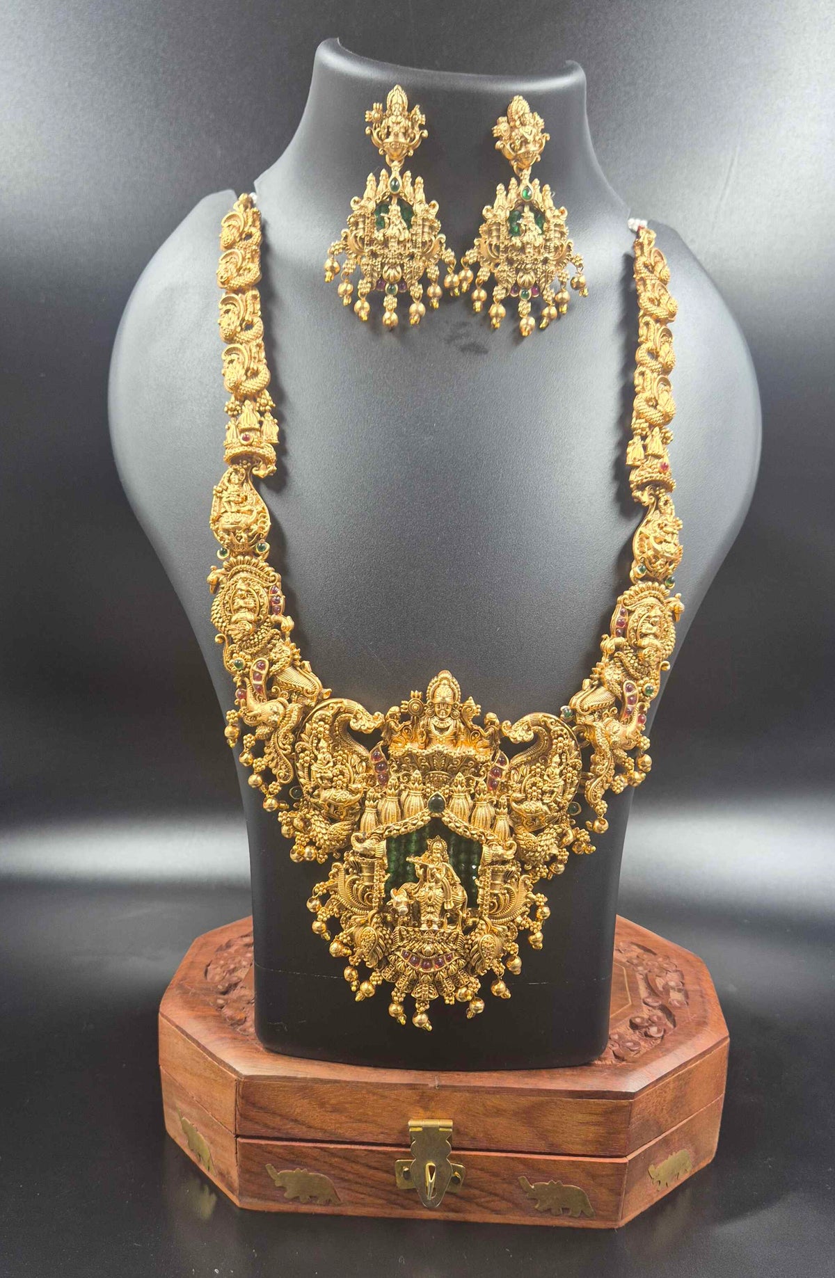 Grand Krishna Temple Necklace Set with Designer Jhumkas