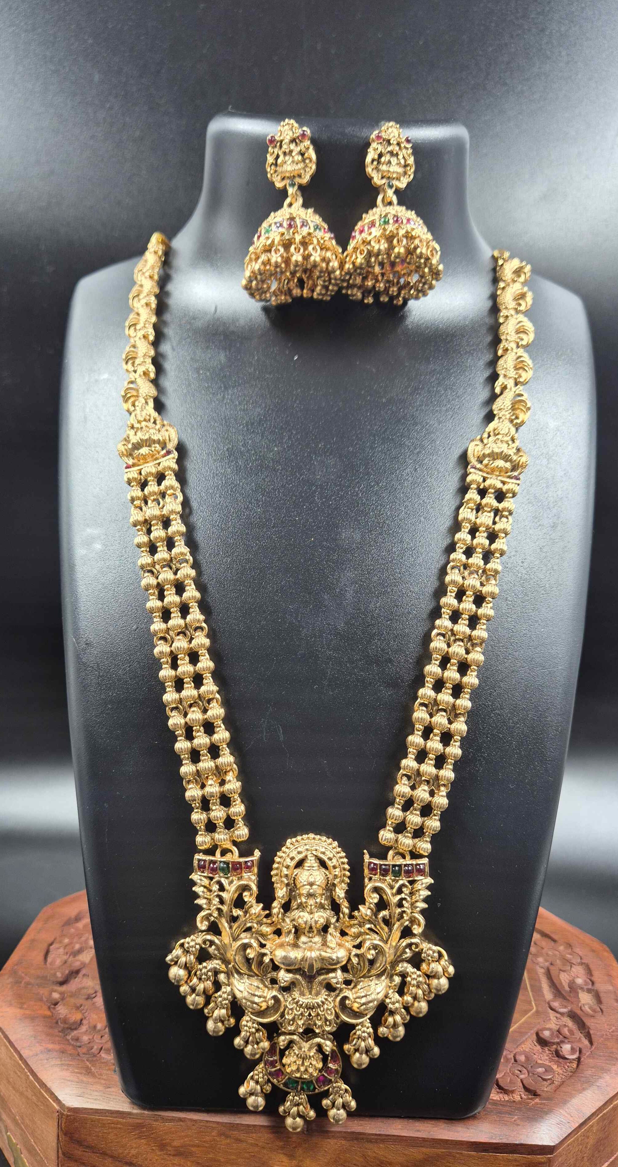 Goddess Lakshmi Long Haram IN 3 Strands chain with Designer Jhumka Earrings | Temple Jewellery Set