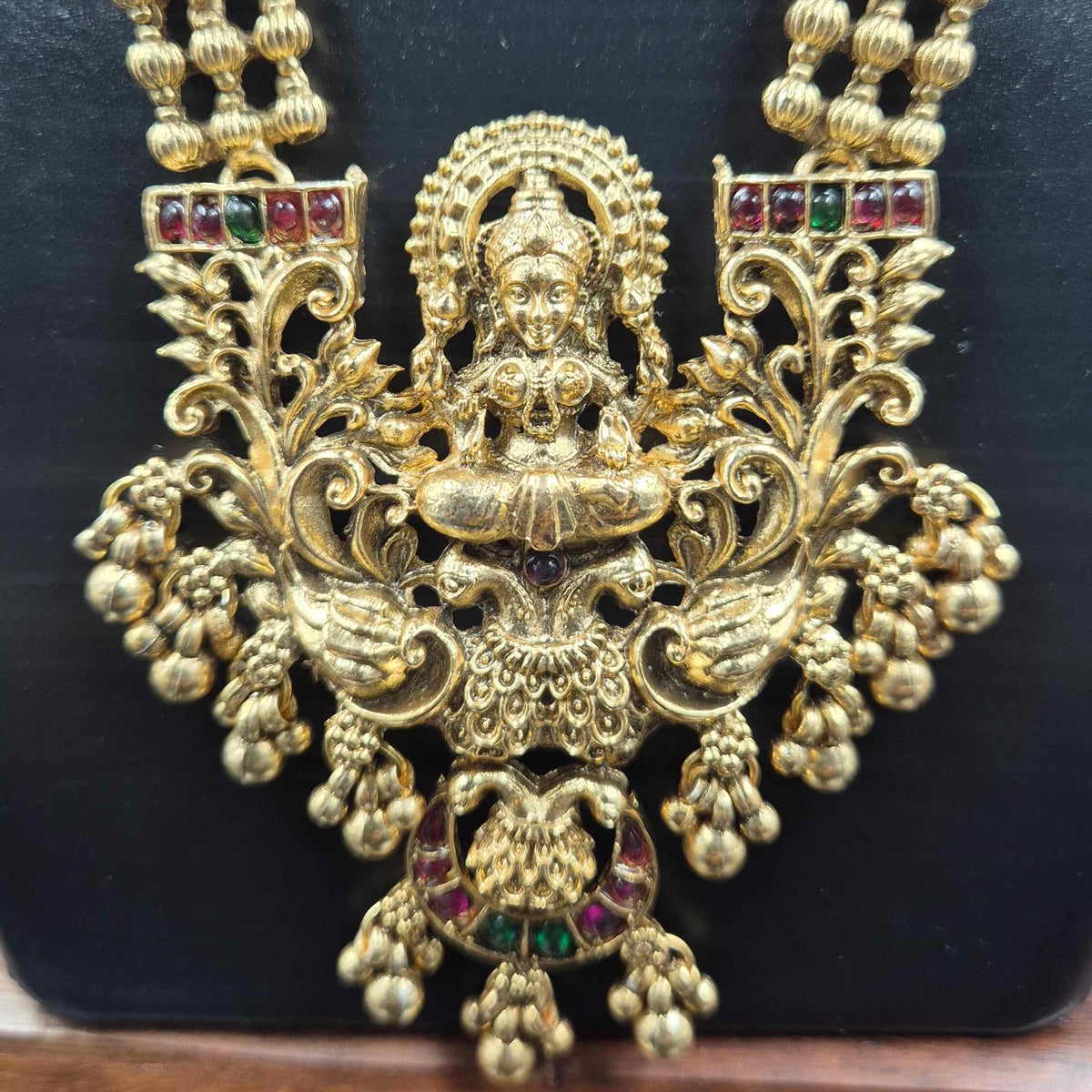Goddess Lakshmi Long Haram IN 3 Strands chain with Designer Jhumka Earrings | Temple Jewellery Set