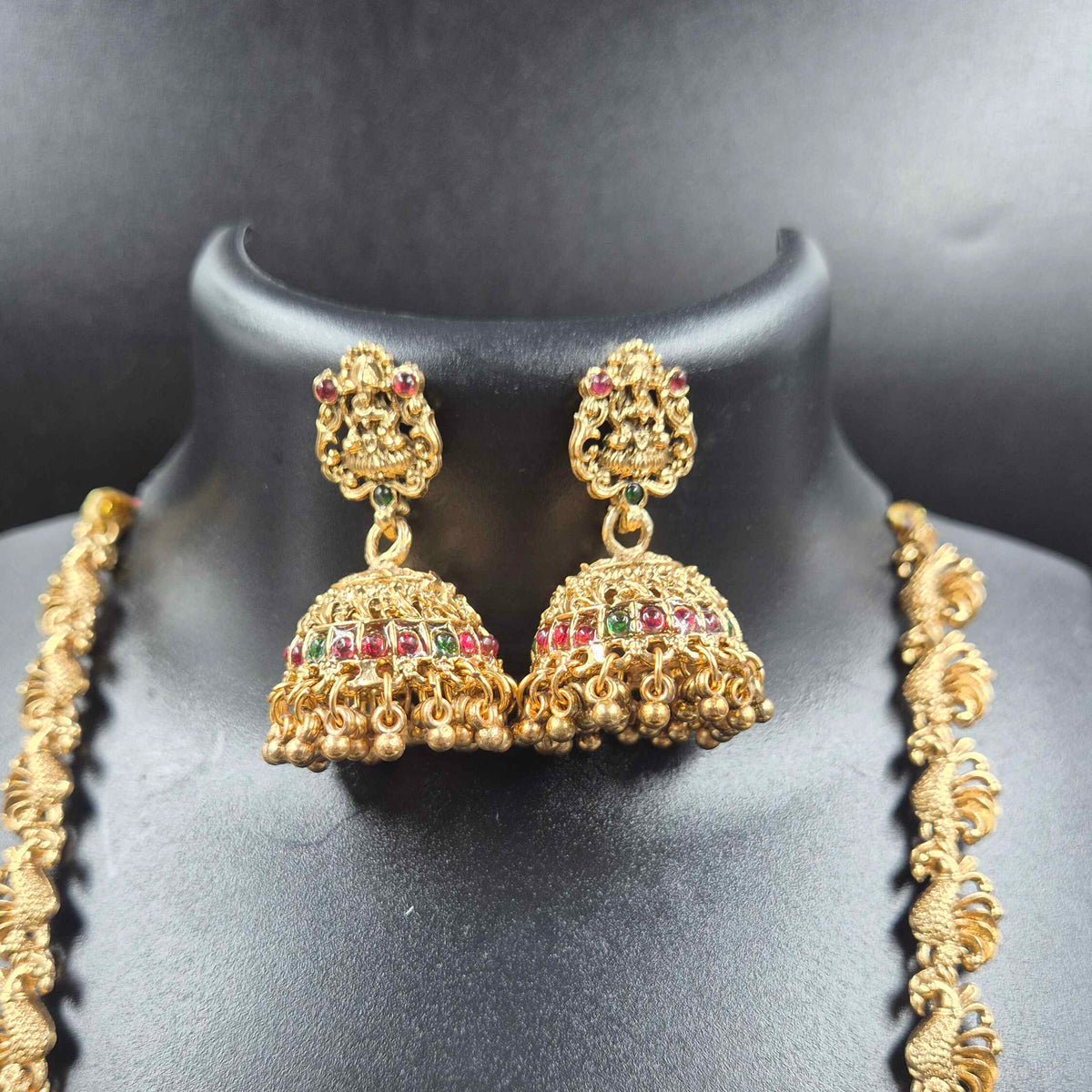Goddess Lakshmi Long Haram IN 3 Strands chain with Designer Jhumka Earrings | Temple Jewellery Set