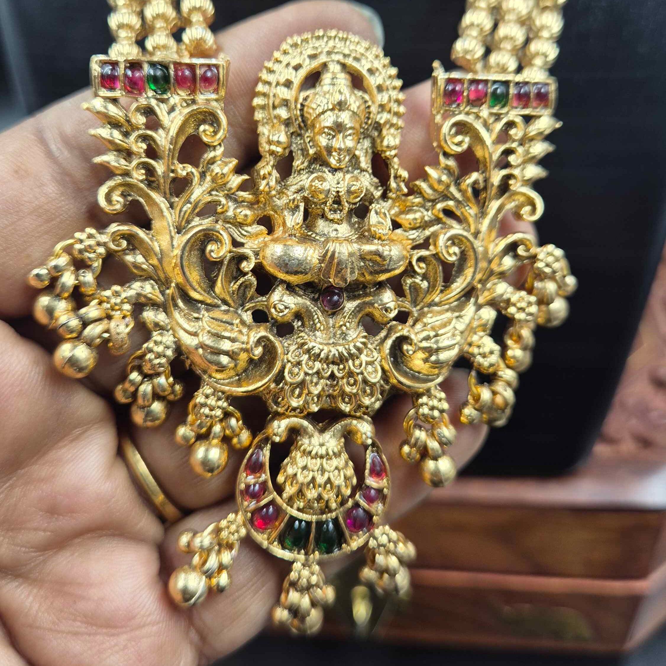 Goddess Lakshmi Long Haram IN 3 Strands chain with Designer Jhumka Earrings | Temple Jewellery Set