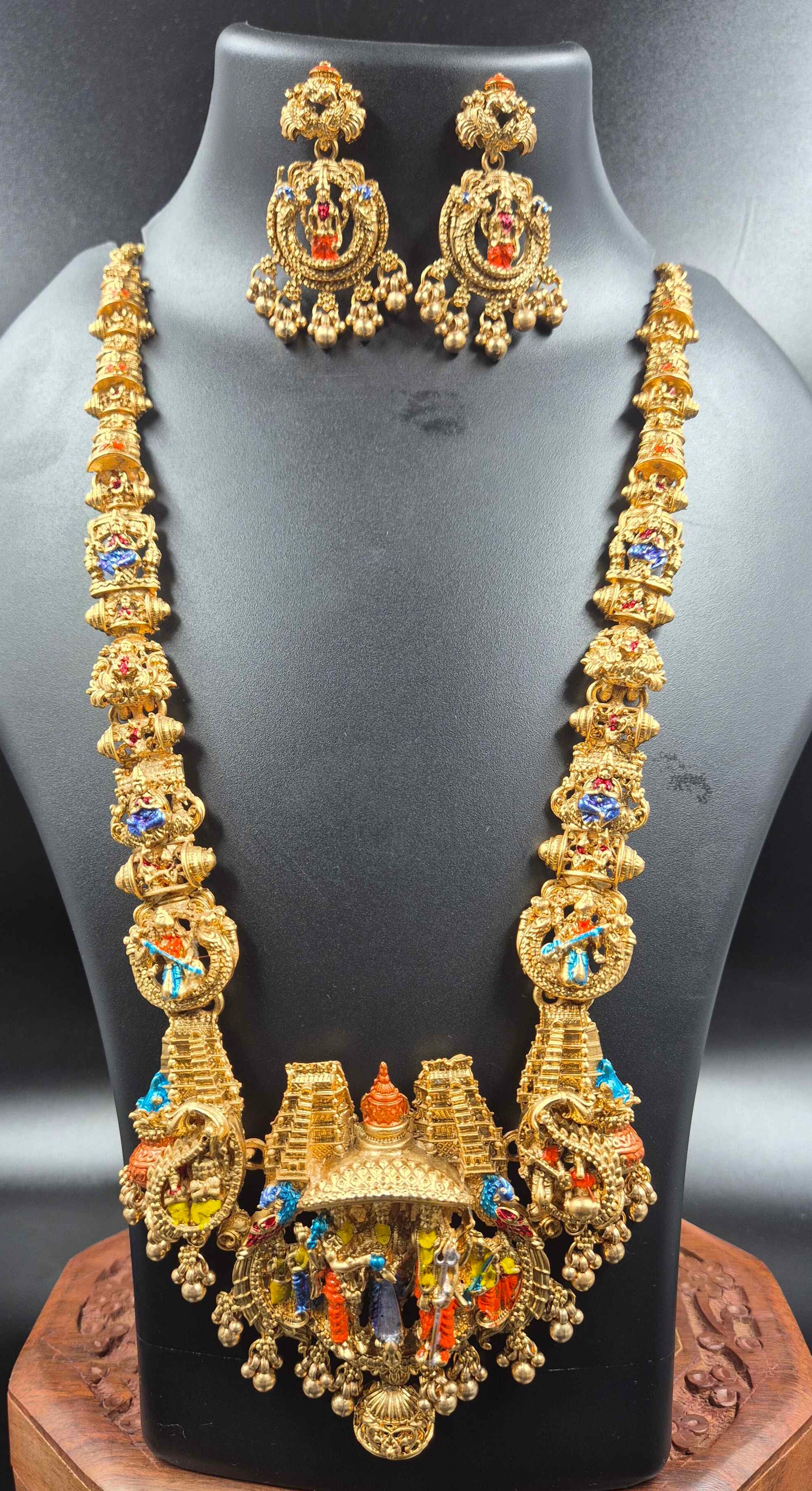 Premium Multicolor Venkateswara Temple Necklace with Matching Earrings