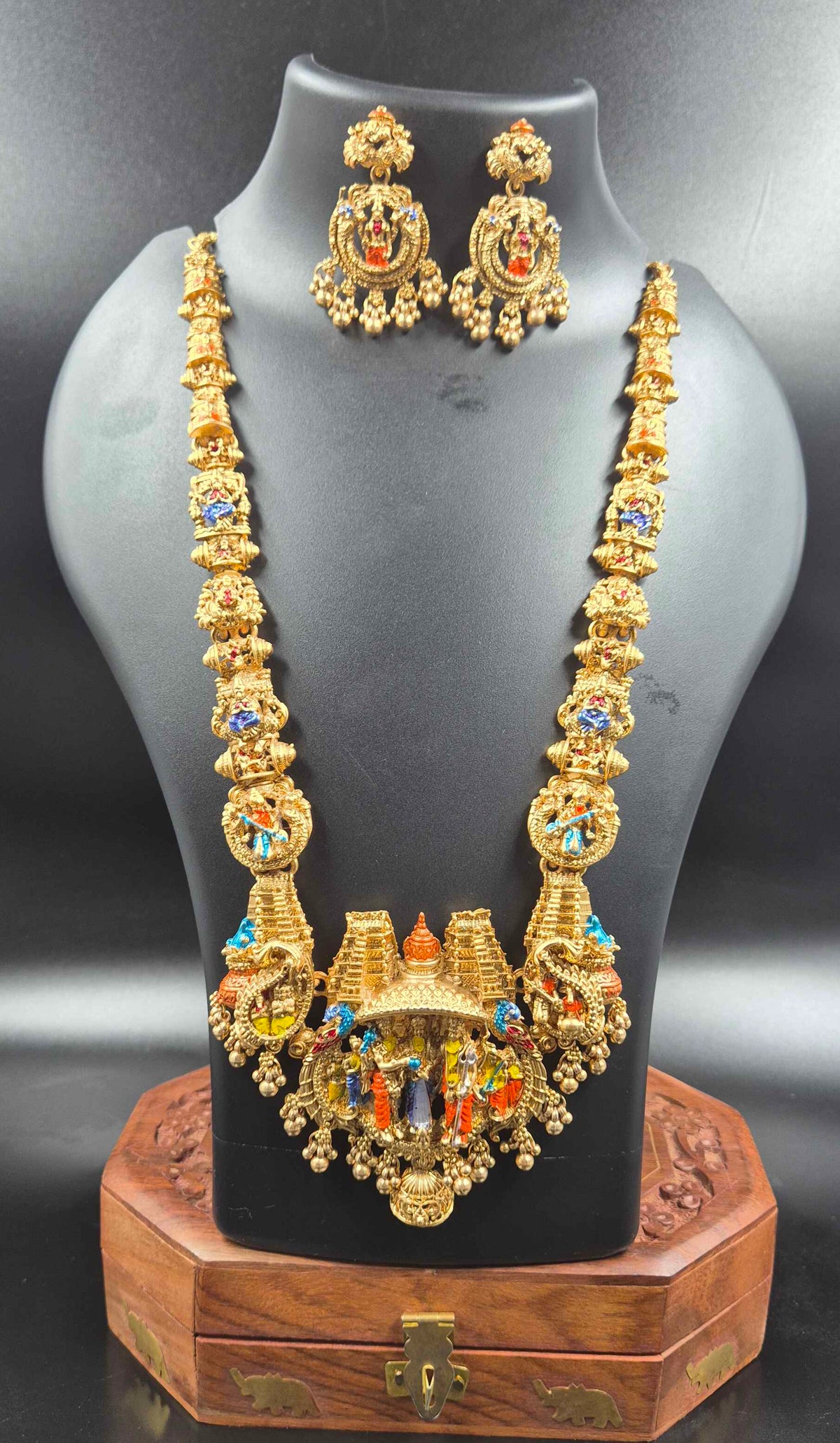 Premium Multicolor Venkateswara Temple Necklace with Matching Earrings