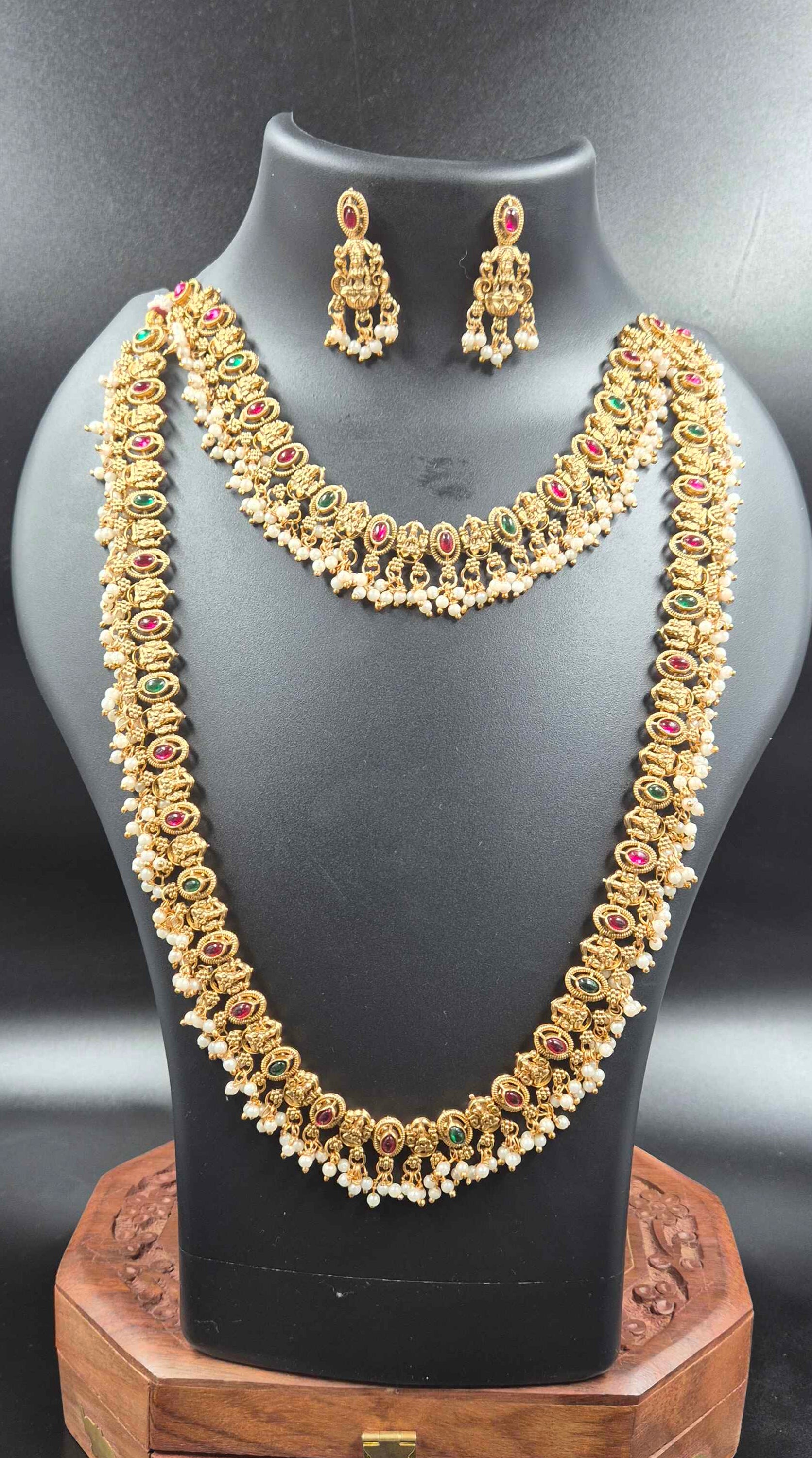 Ruby Green Bridal Necklace  Combo Set with Pearl Beads | Designer Gold Finish Jewellery