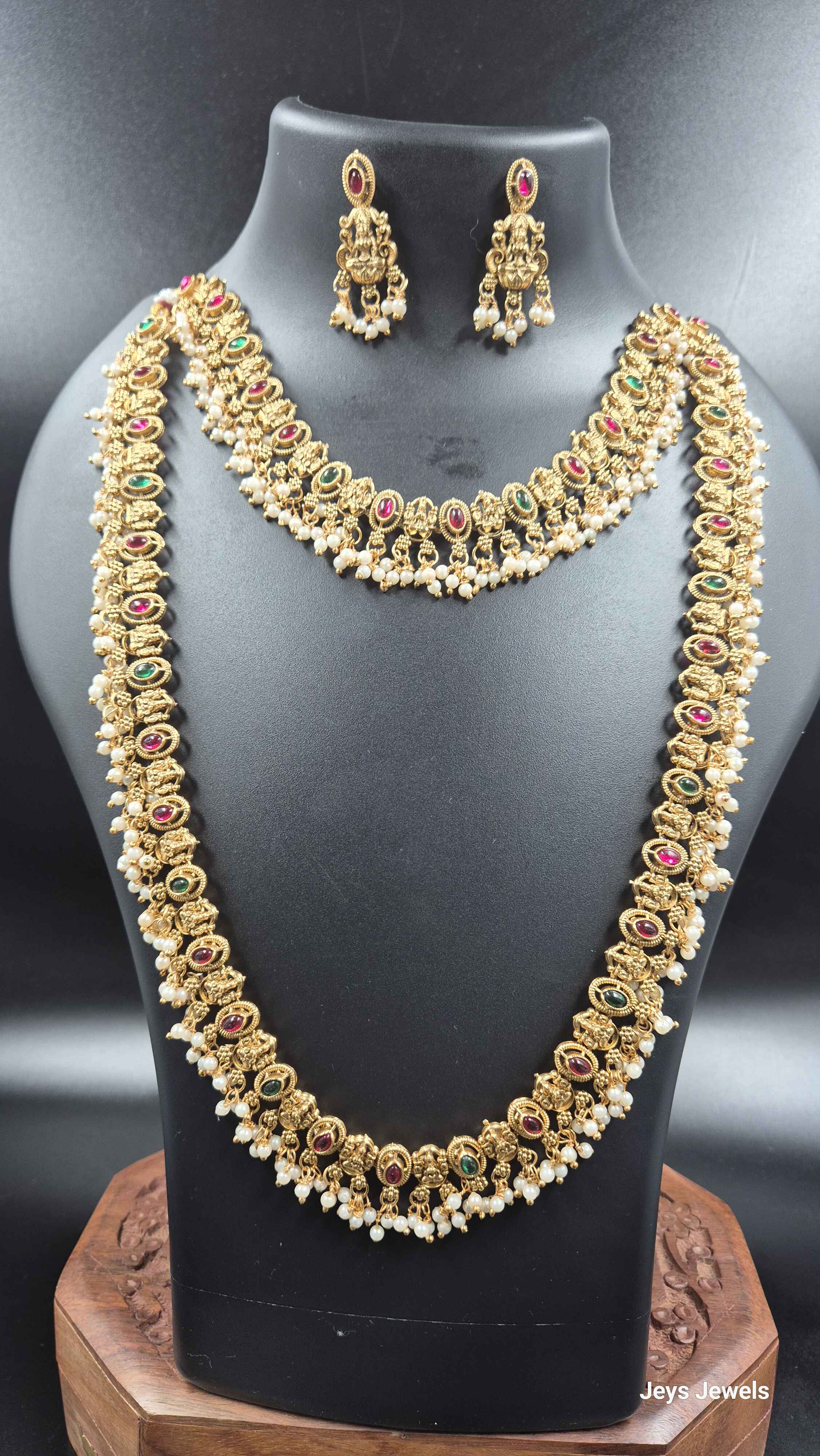 Ruby Green Bridal Necklace  Combo Set with Pearl Beads | Designer Gold Finish Jewellery