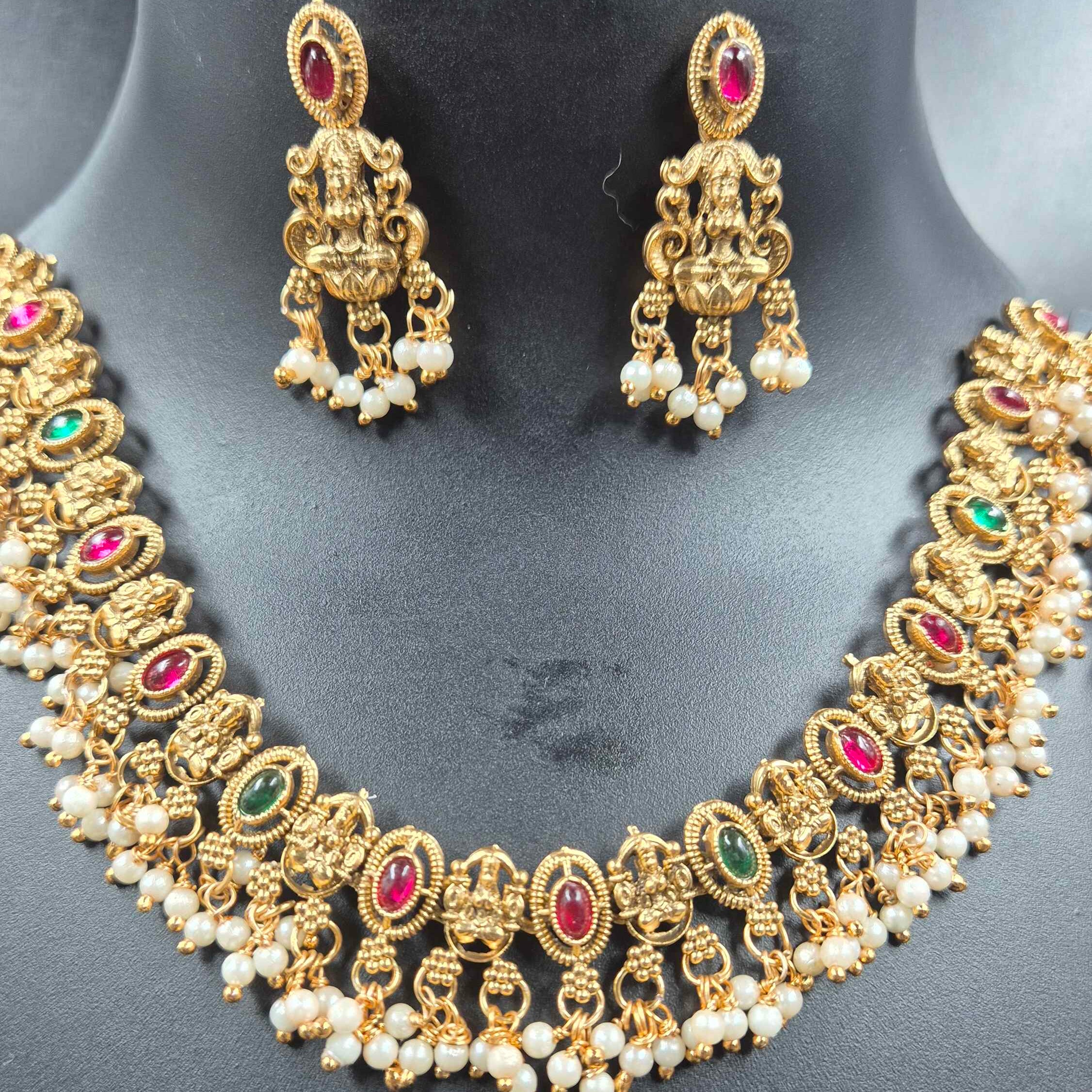 Ruby Green Bridal Necklace  Combo Set with Pearl Beads | Designer Gold Finish Jewellery