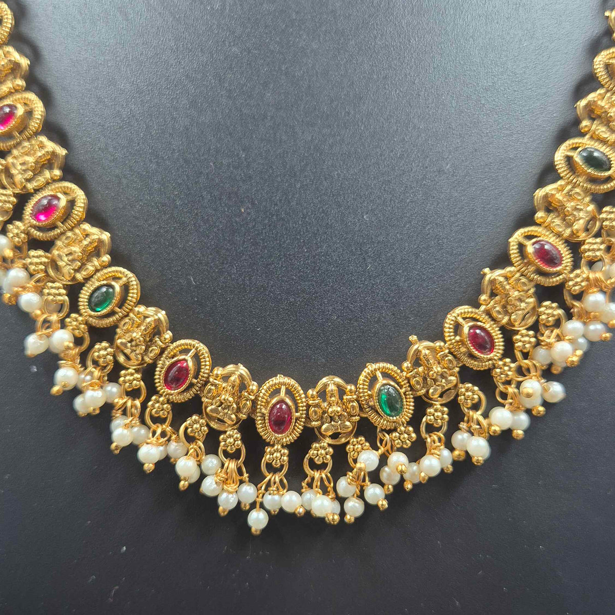 Ruby Green Bridal Necklace  Combo Set with Pearl Beads | Designer Gold Finish Jewellery