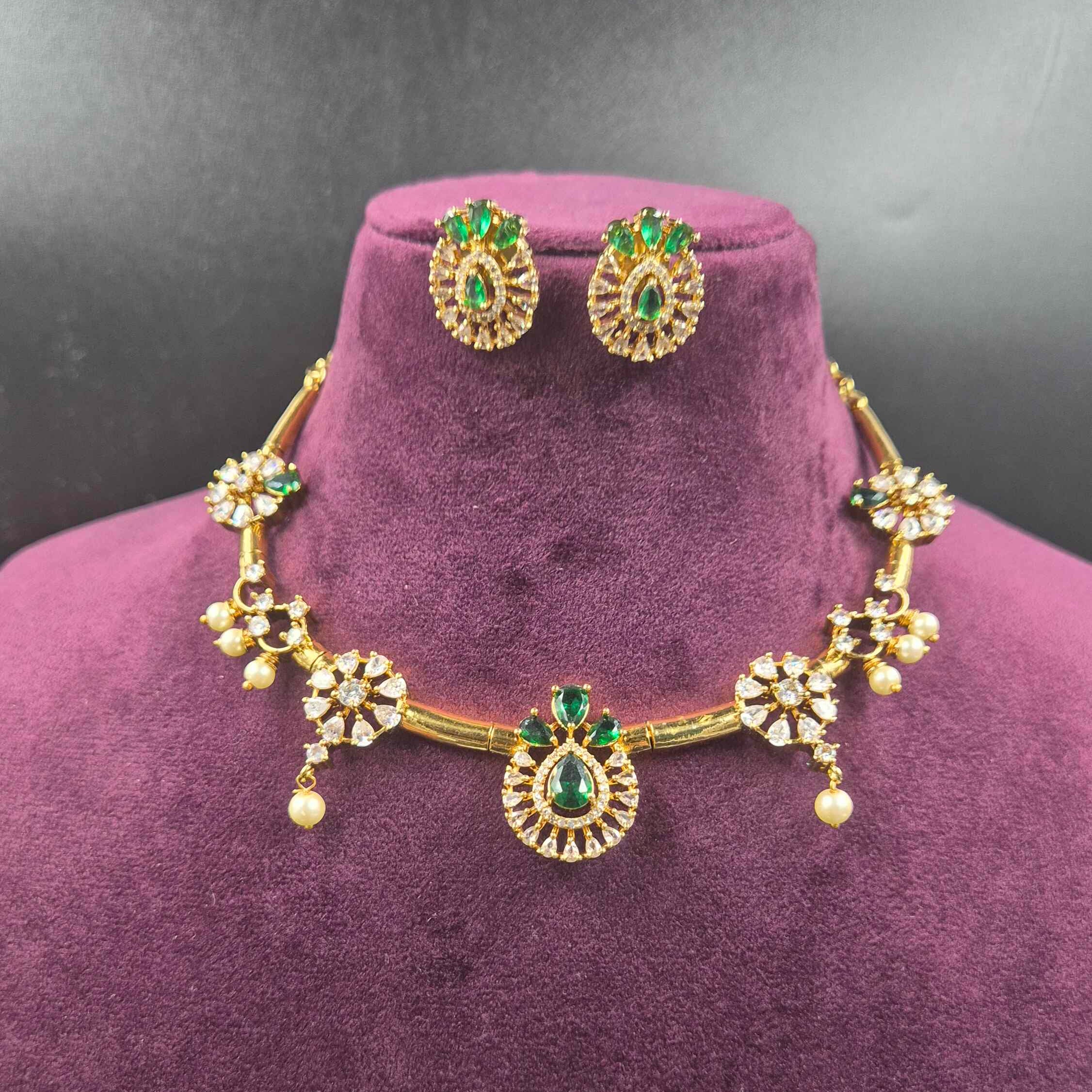 Green Emerald CZ Necklace Set with Pearl Drops | Designer Jewellery