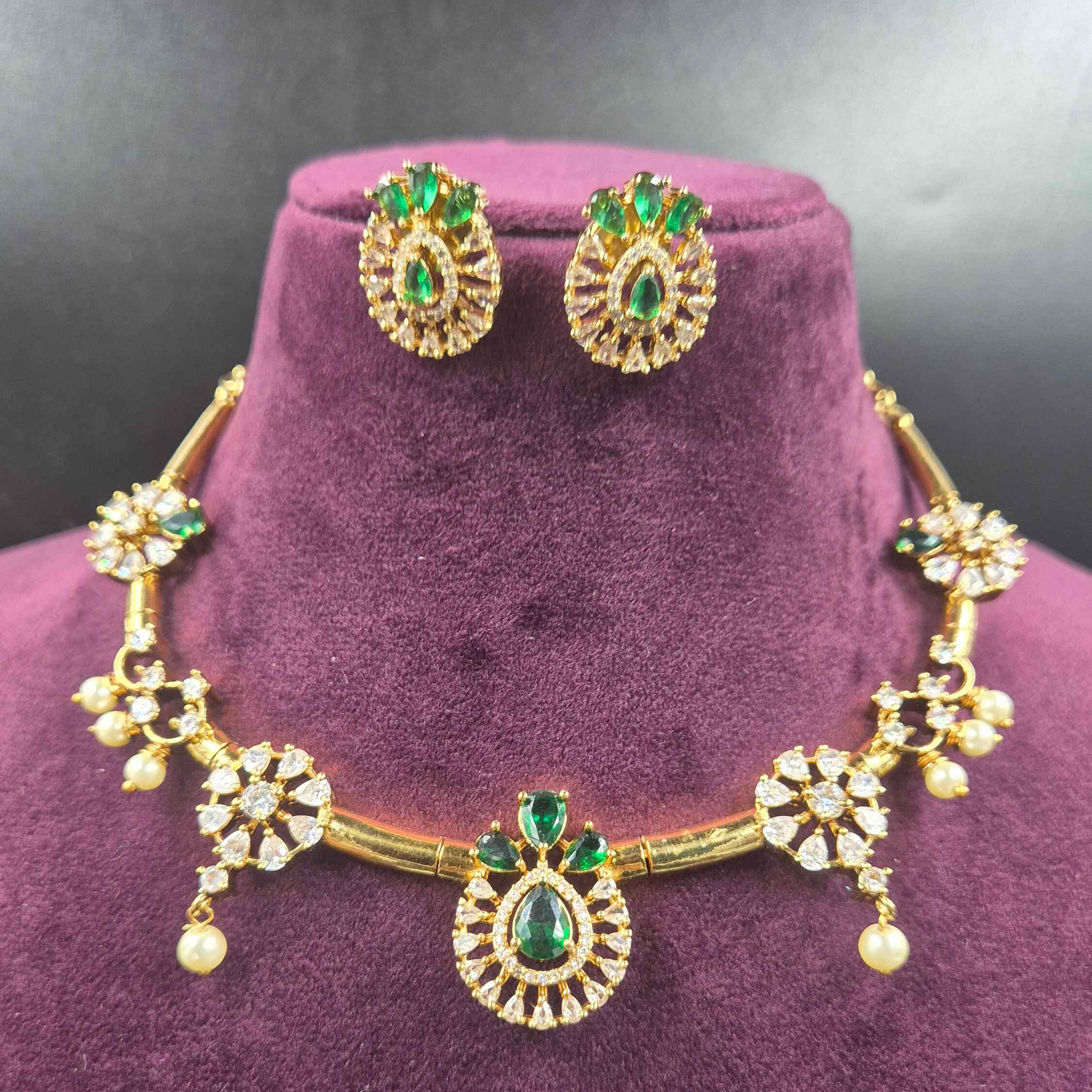Green Emerald CZ Necklace Set with Pearl Drops | Designer Jewellery
