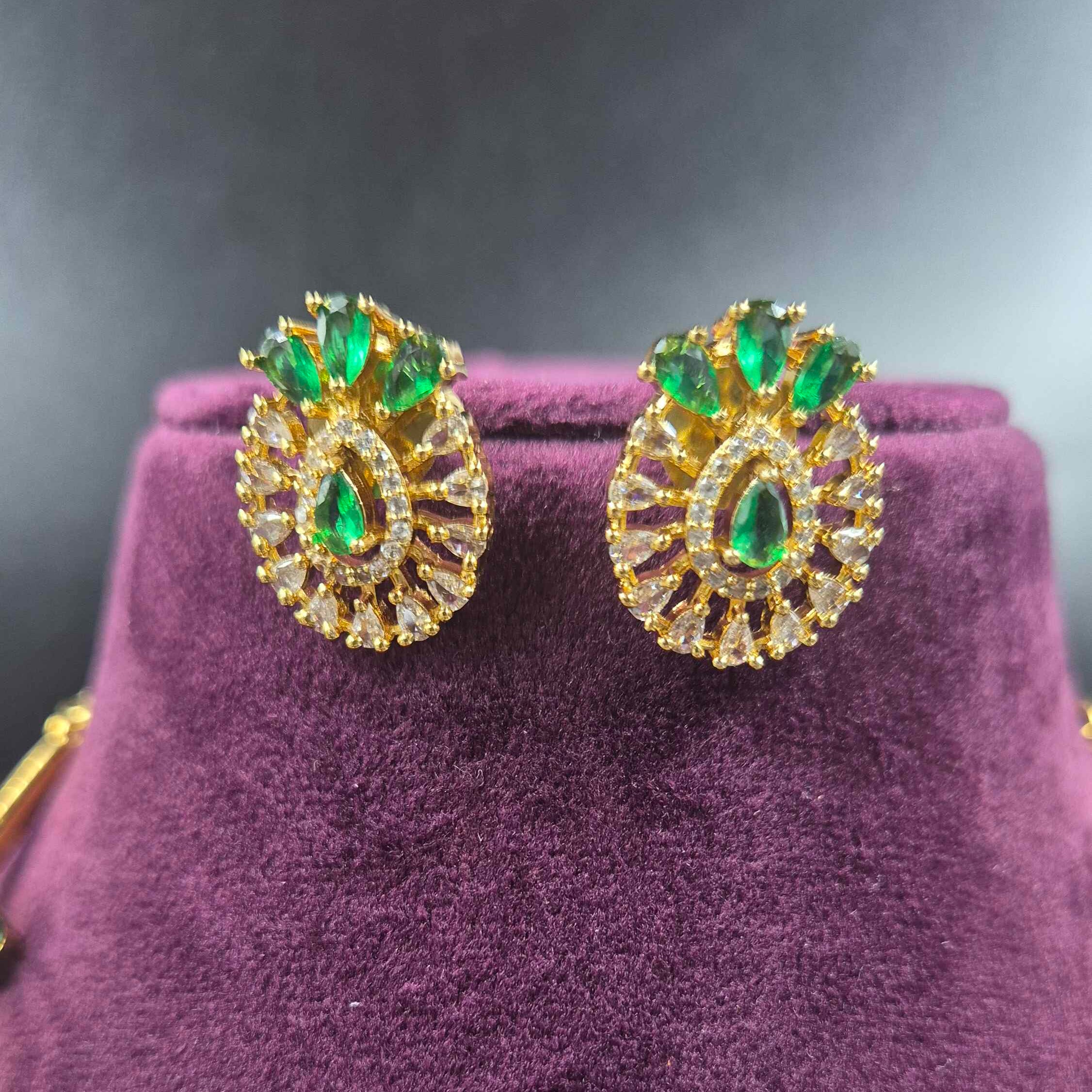 Green Emerald CZ Necklace Set with Pearl Drops | Designer Jewellery