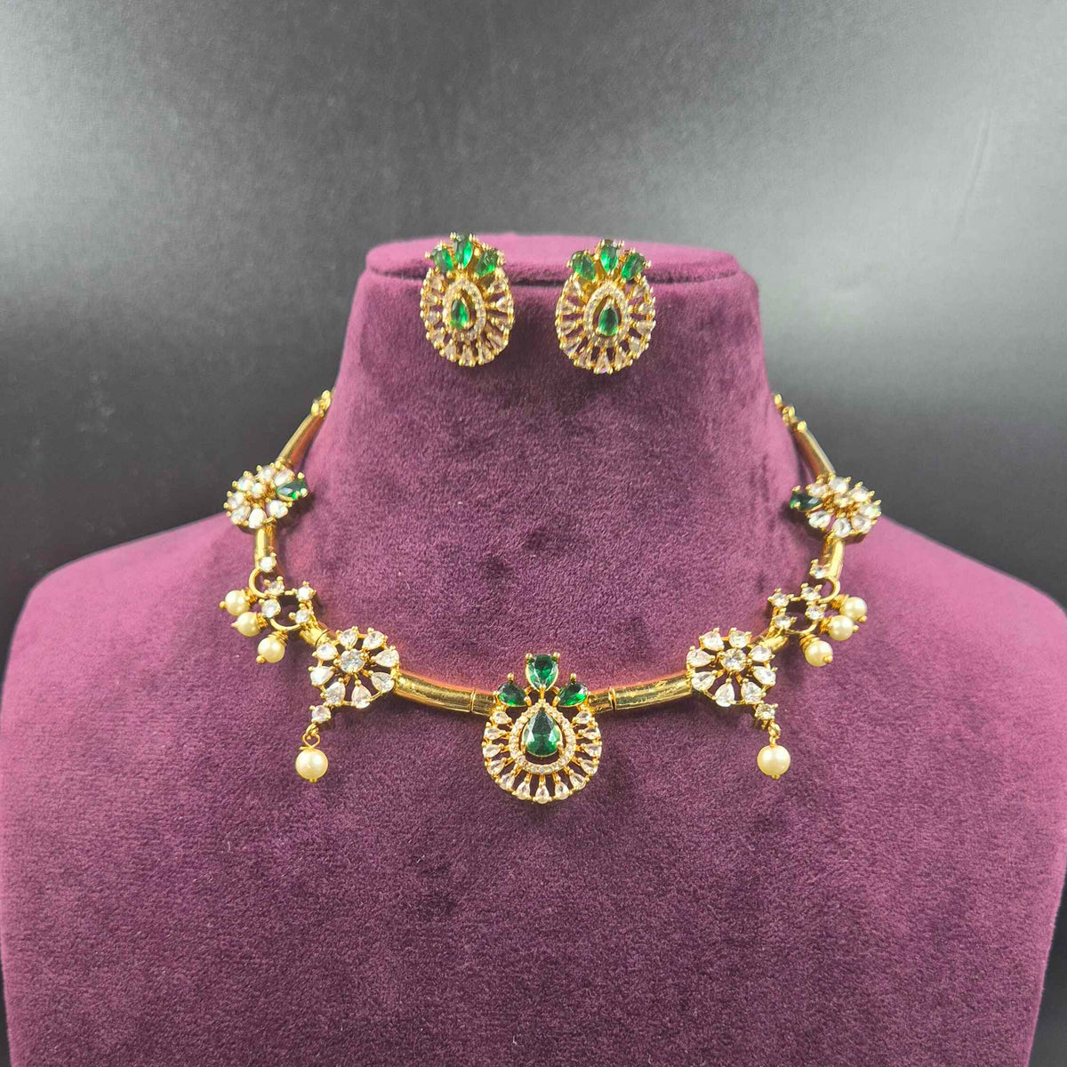 Green Emerald CZ Necklace Set with Pearl Drops | Designer Jewellery