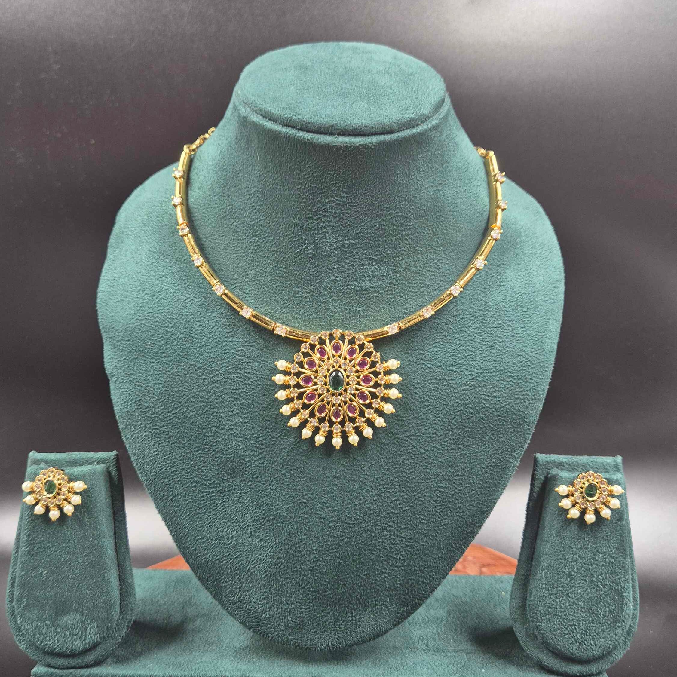 Ruby red and Green CZ Pendant Necklace Set with Pearl Drops | Designer Jewellery