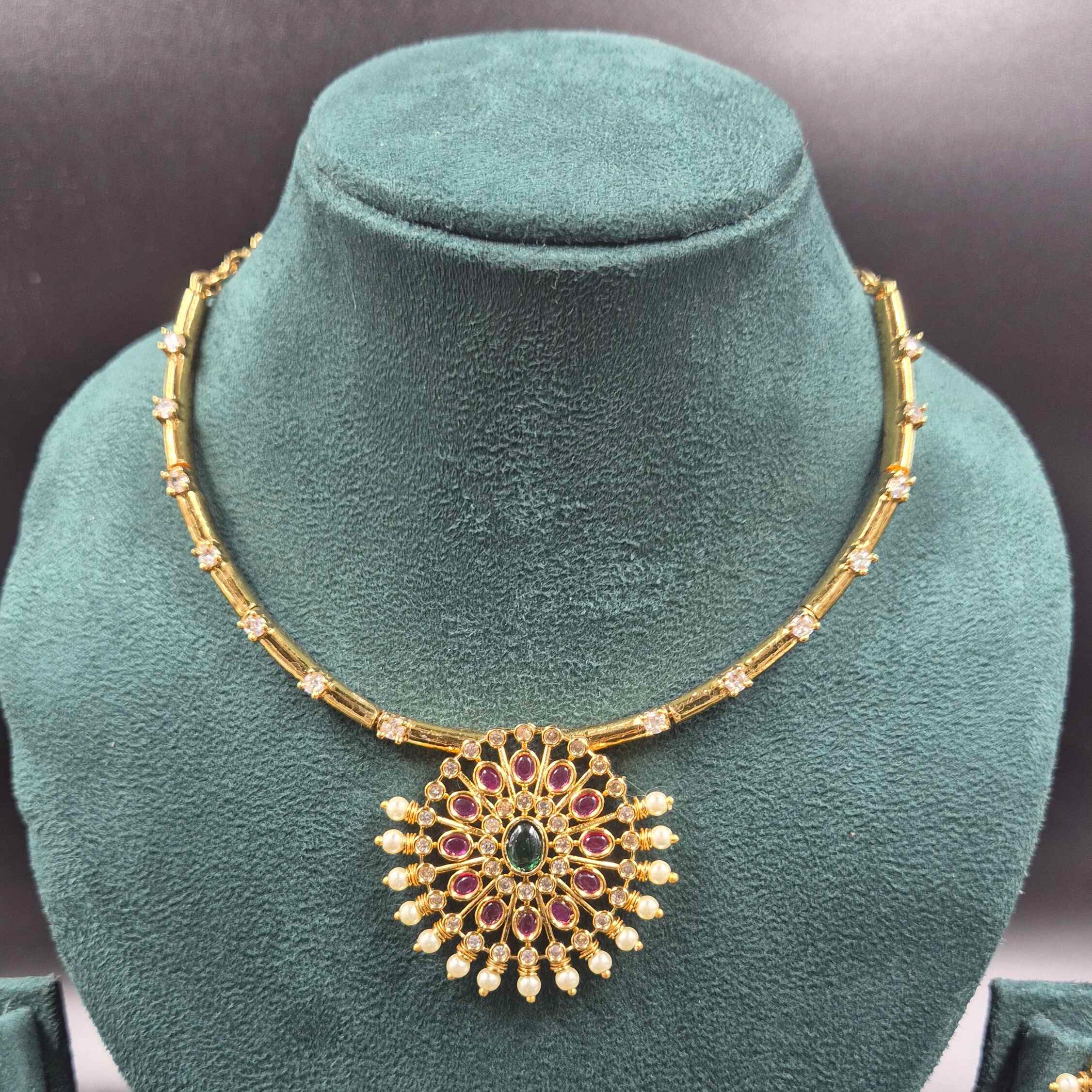 Ruby red and Green CZ Pendant Necklace Set with Pearl Drops | Designer Jewellery