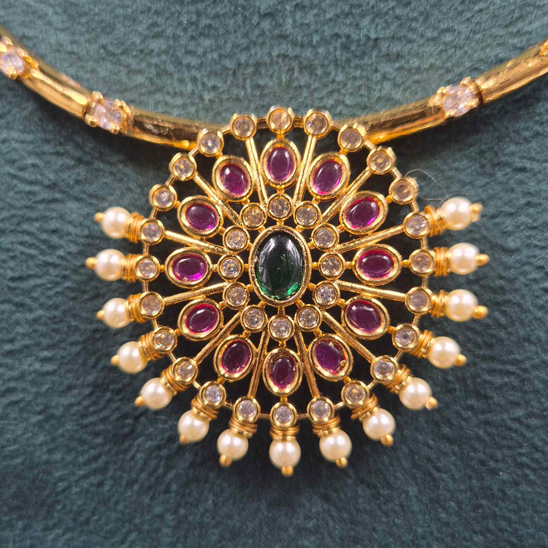 Ruby red and Green CZ Pendant Necklace Set with Pearl Drops | Designer Jewellery