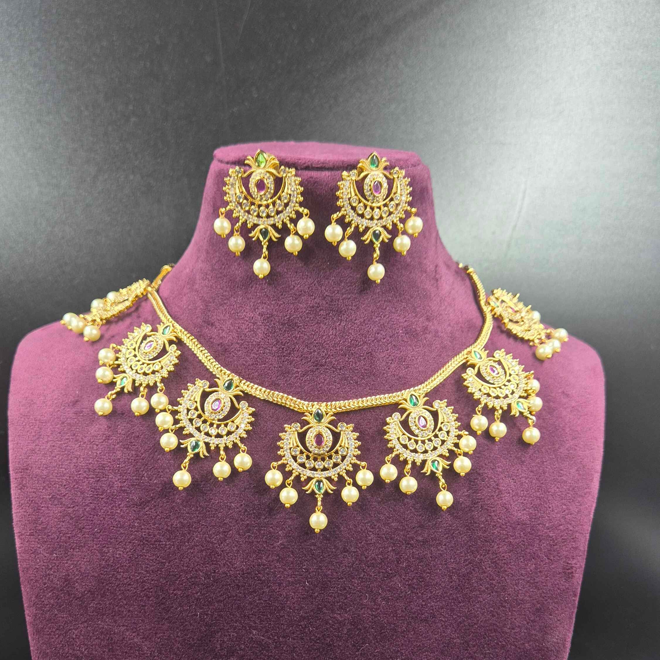 White and Green round attigai CZ Bridal Necklace Set with Pearl Drops | Designer Jewellery