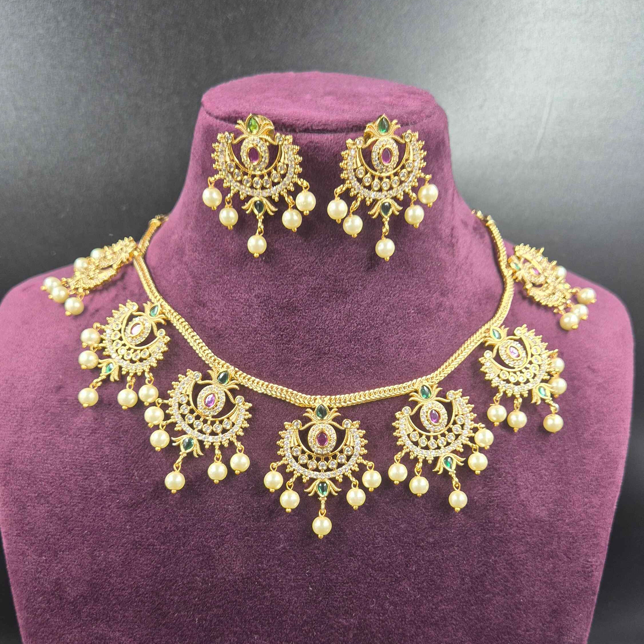 White and Green round attigai CZ Bridal Necklace Set with Pearl Drops | Designer Jewellery