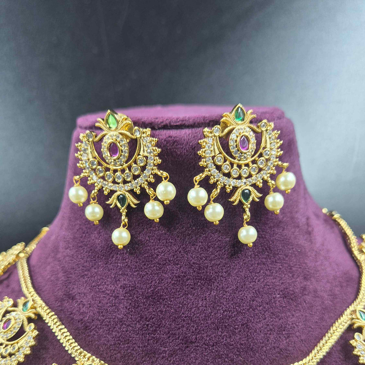 White and Green round attigai CZ Bridal Necklace Set with Pearl Drops | Designer Jewellery