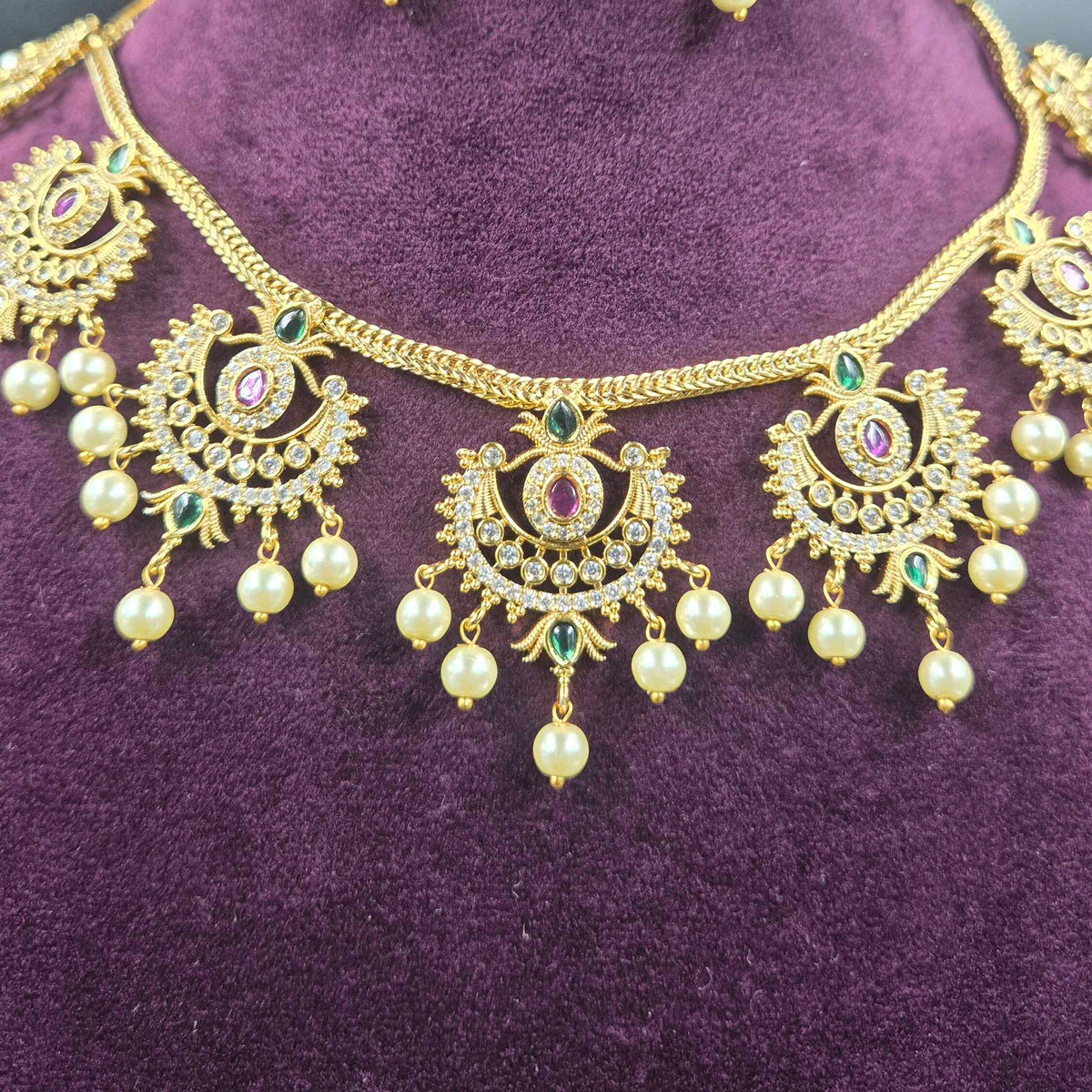 White and Green round attigai CZ Bridal Necklace Set with Pearl Drops | Designer Jewellery