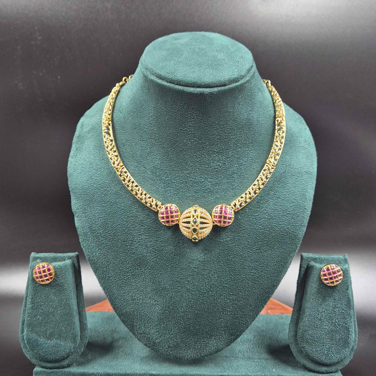 White half ball pendant CZ Designer Necklace | Antique Gold Finish Jewellery