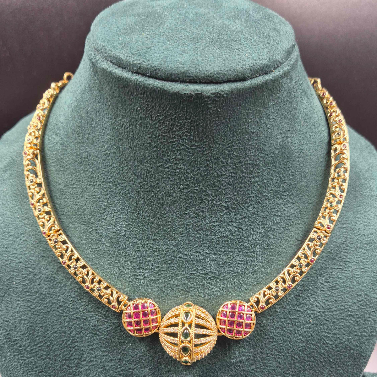 White half ball pendant CZ Designer Necklace | Antique Gold Finish Jewellery