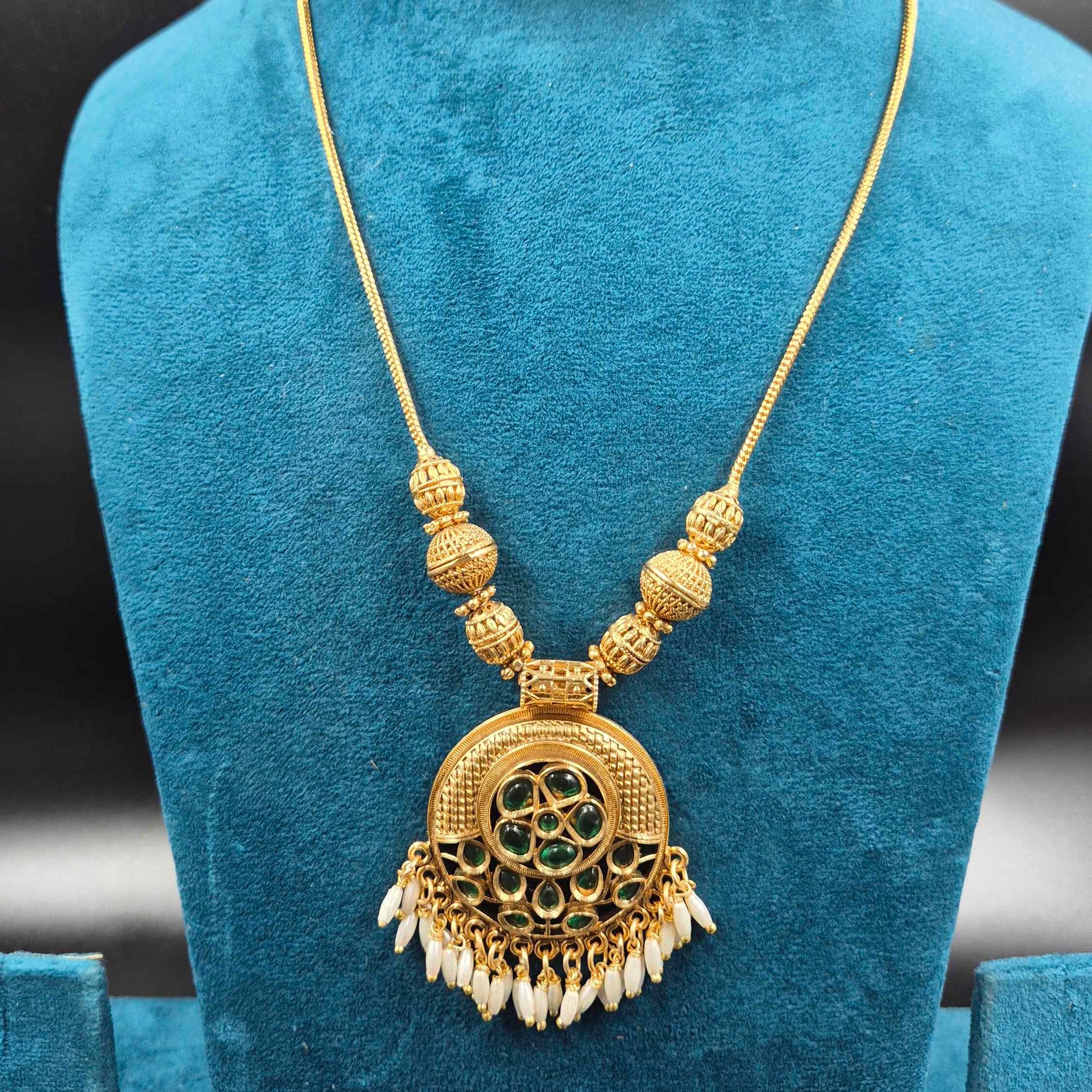 Green Stone Antique Gold Necklace Set with Pearl Jhumkas | Traditional Jewellery