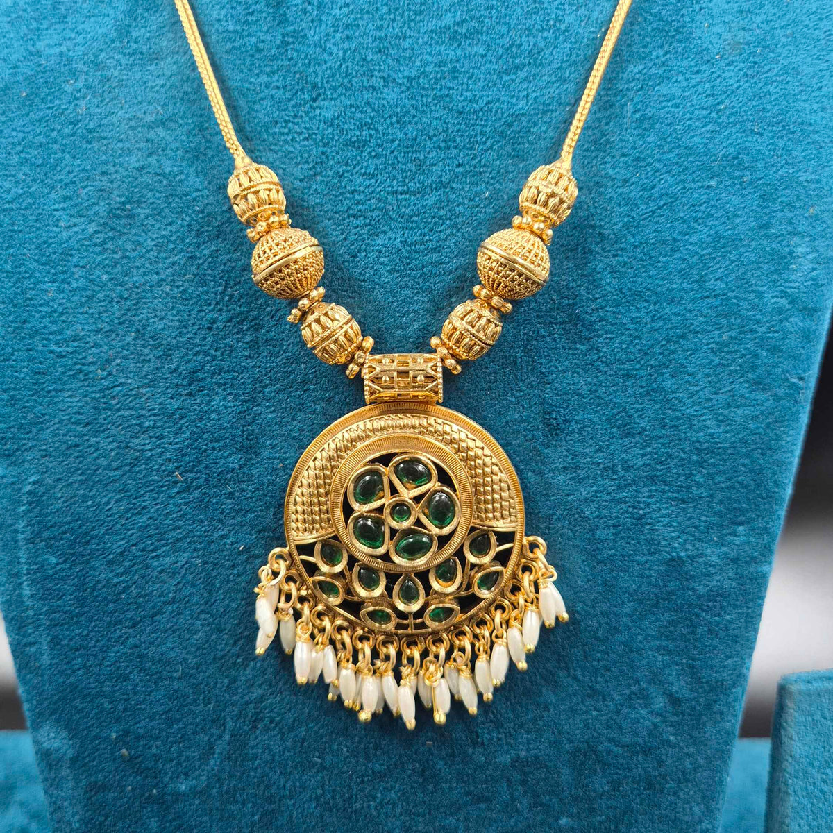 Green Stone Antique Gold Necklace Set with Pearl Jhumkas | Traditional Jewellery