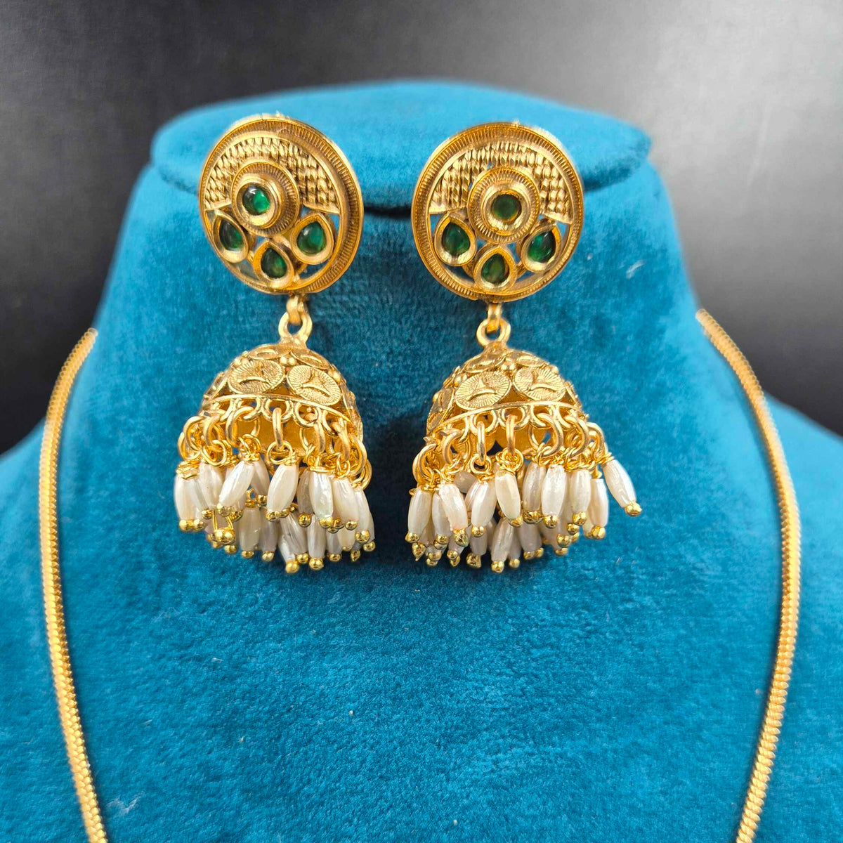 Green Stone Antique Gold Necklace Set with Pearl Jhumkas | Traditional Jewellery