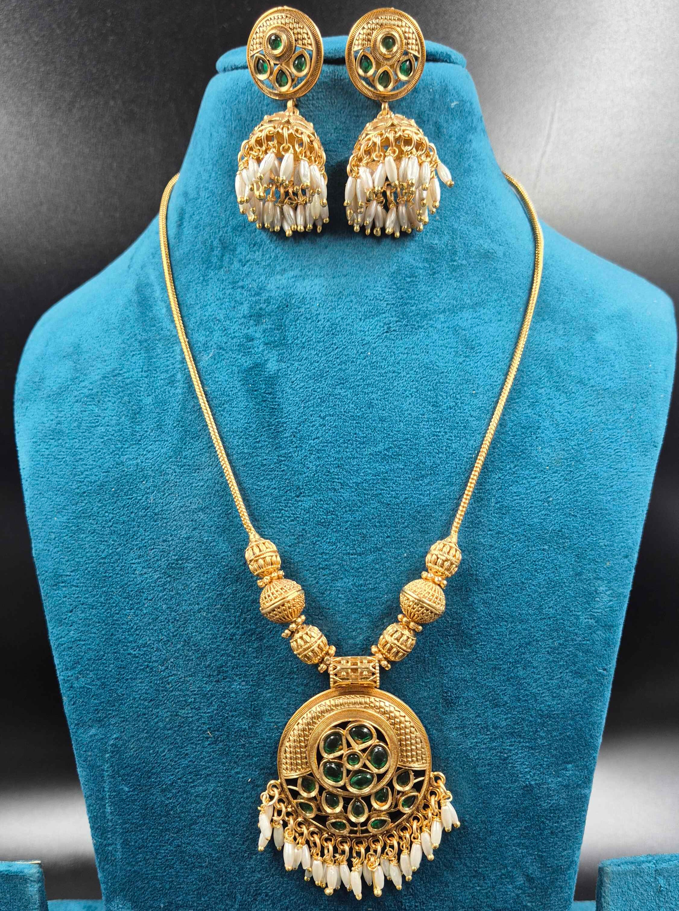 Green Stone Antique Gold Necklace Set with Pearl Jhumkas | Traditional Jewellery