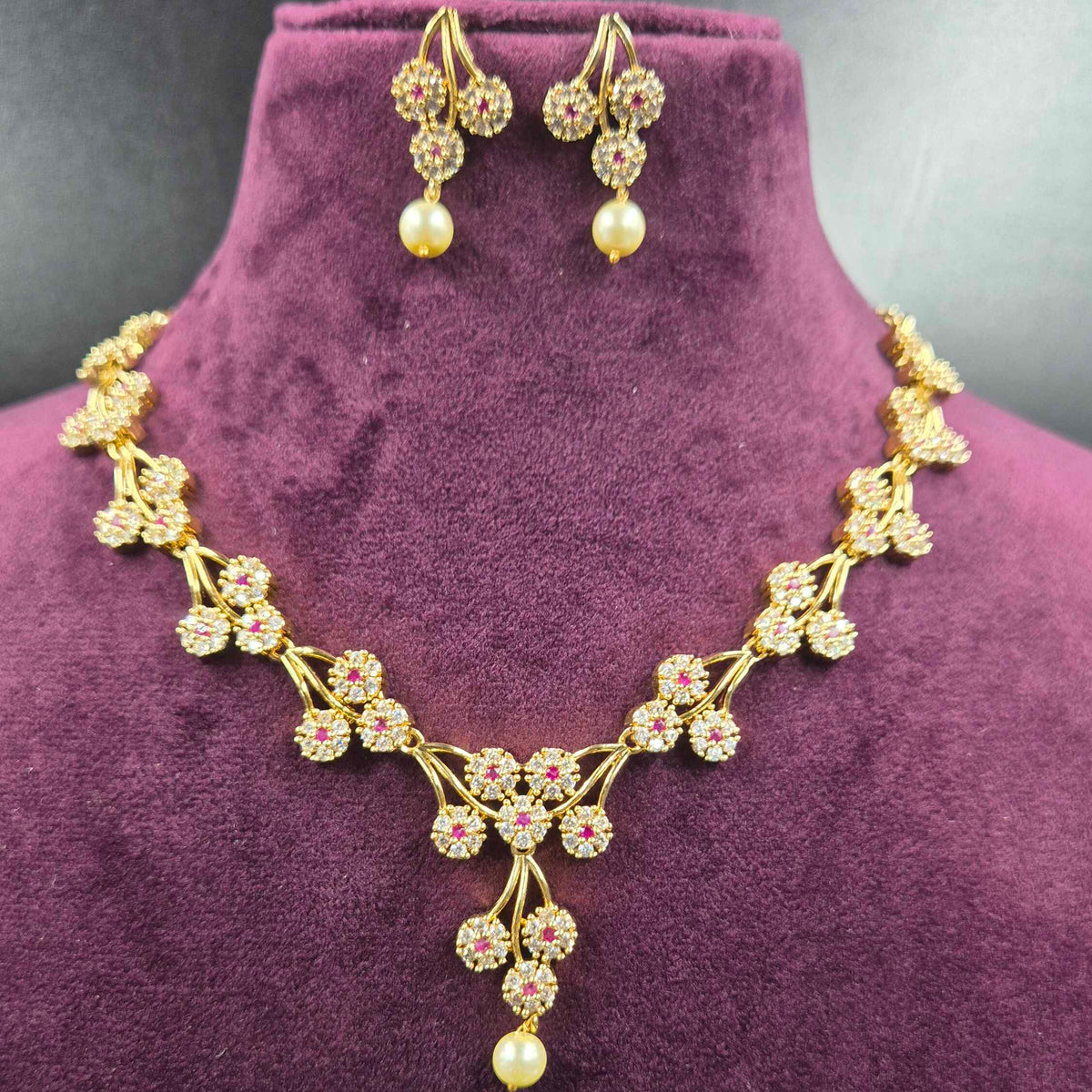 Floral CZ Necklace Set with Pearl Drops | Elegant Designer Jewellery