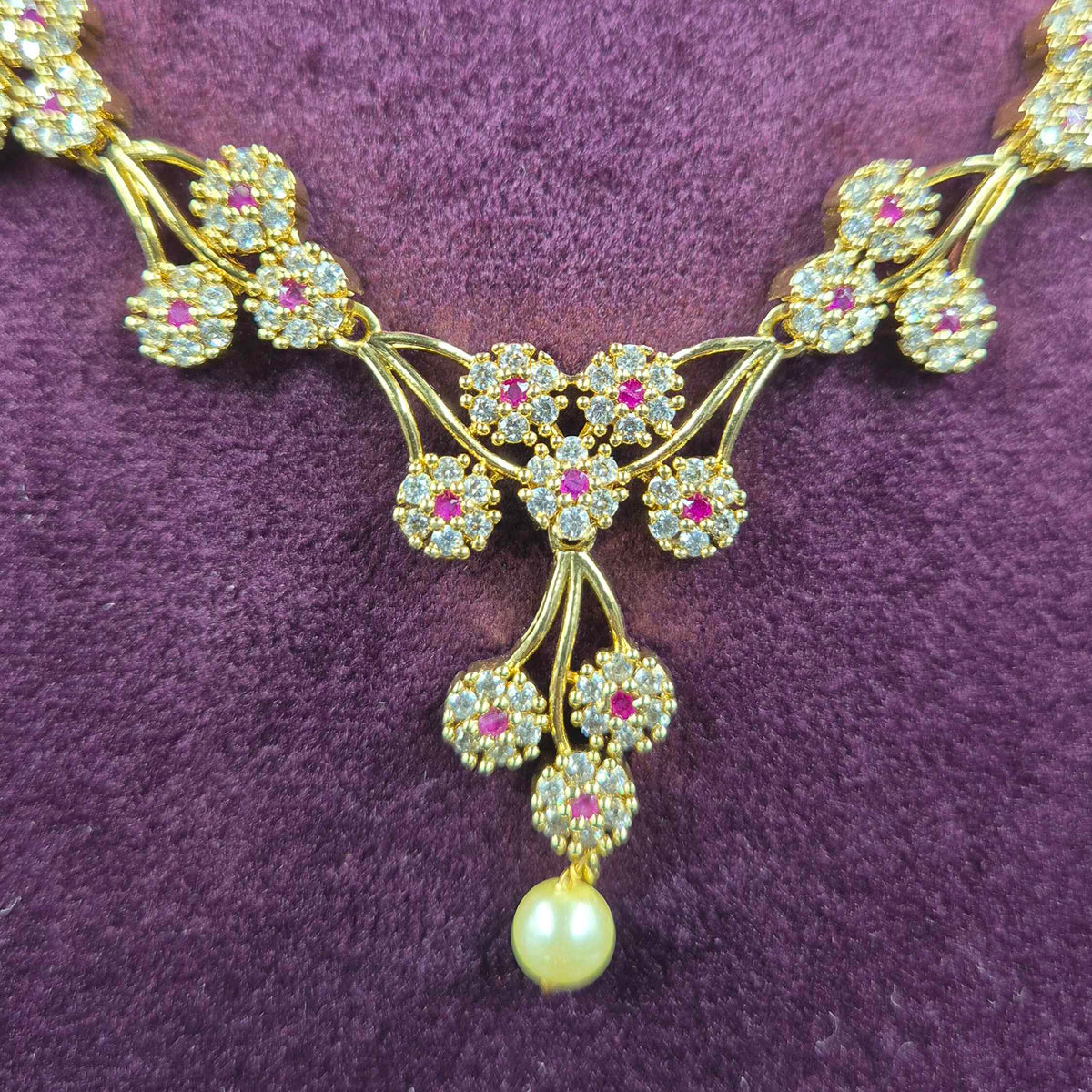 Floral CZ Necklace Set with Pearl Drops | Elegant Designer Jewellery