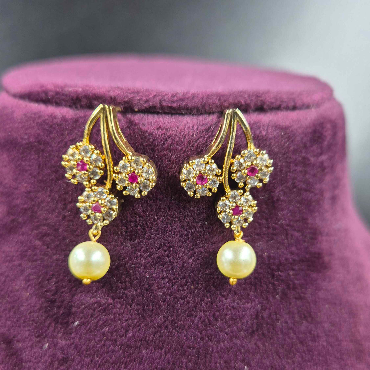 Floral CZ Necklace Set with Pearl Drops | Elegant Designer Jewellery