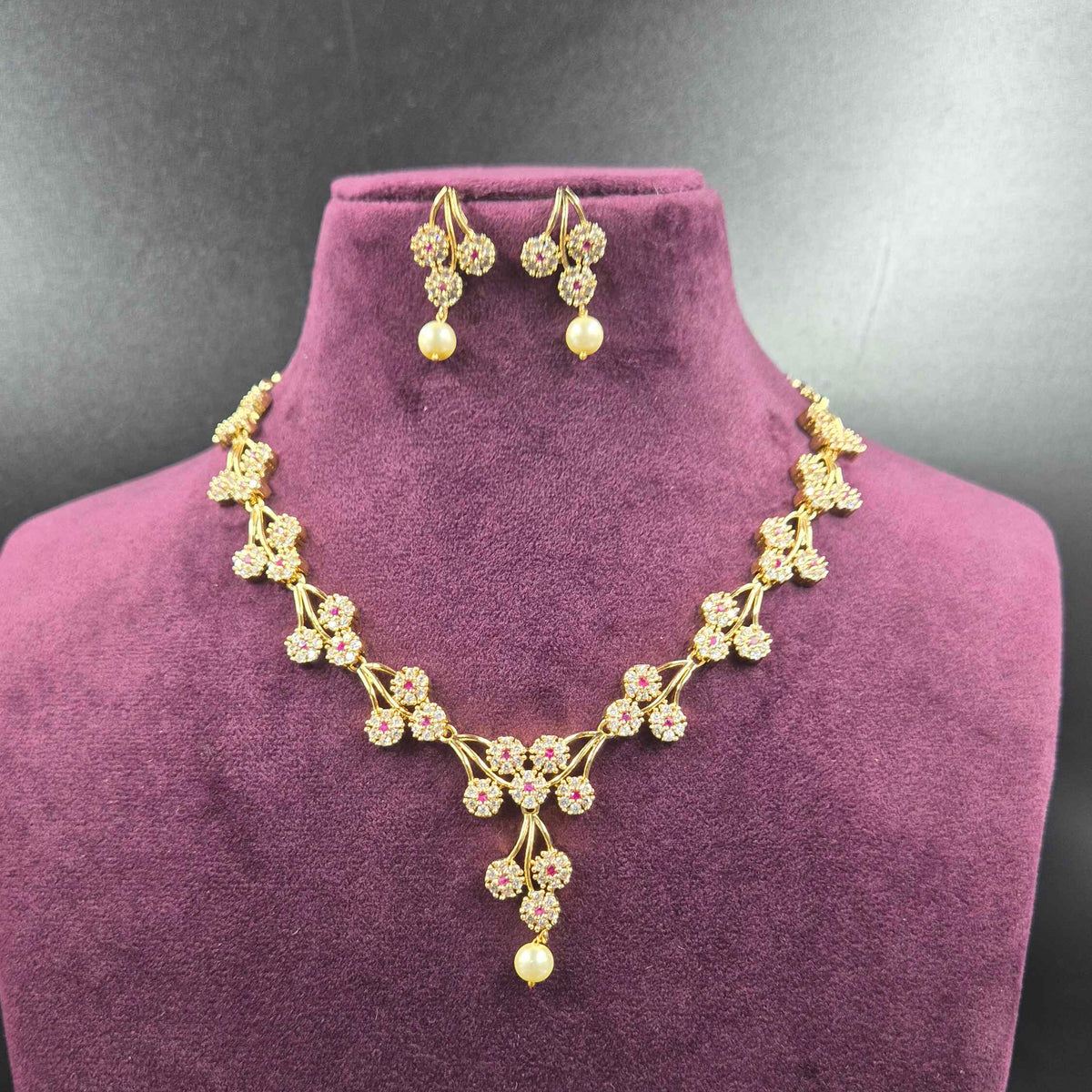 Floral CZ Necklace Set with Pearl Drops | Elegant Designer Jewellery