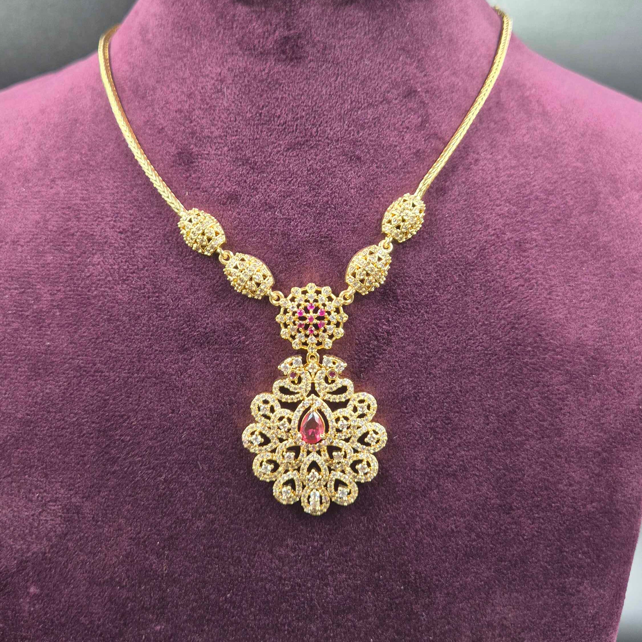 Diamond replica  Pink CZ Floral Pendant Necklace Set with Designer Earrings | Gold Finish Jewellery