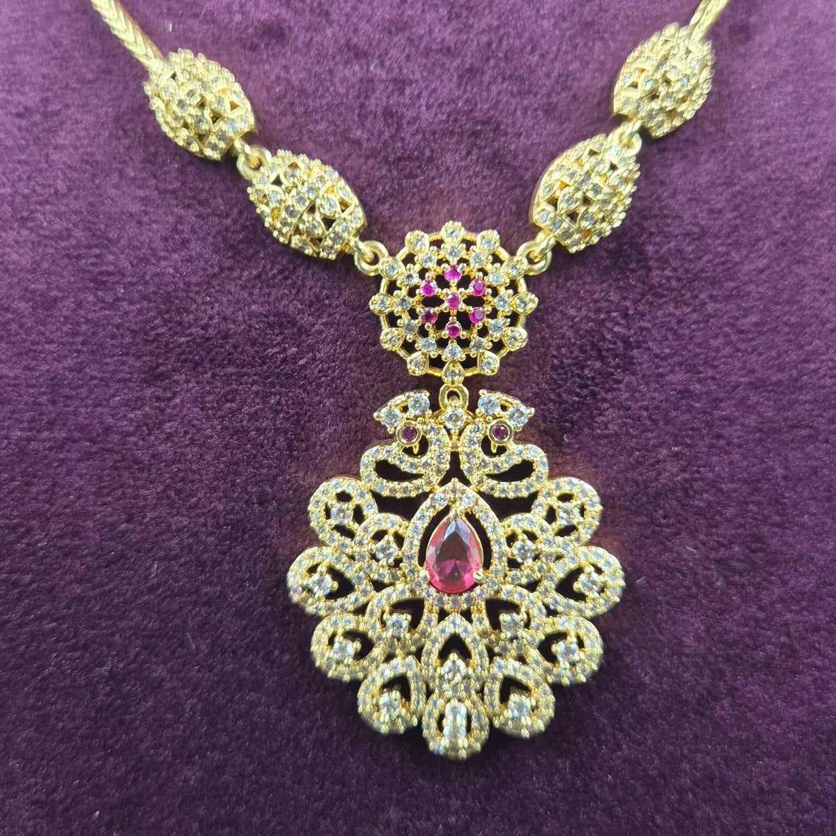 Diamond replica  Pink CZ Floral Pendant Necklace Set with Designer Earrings | Gold Finish Jewellery