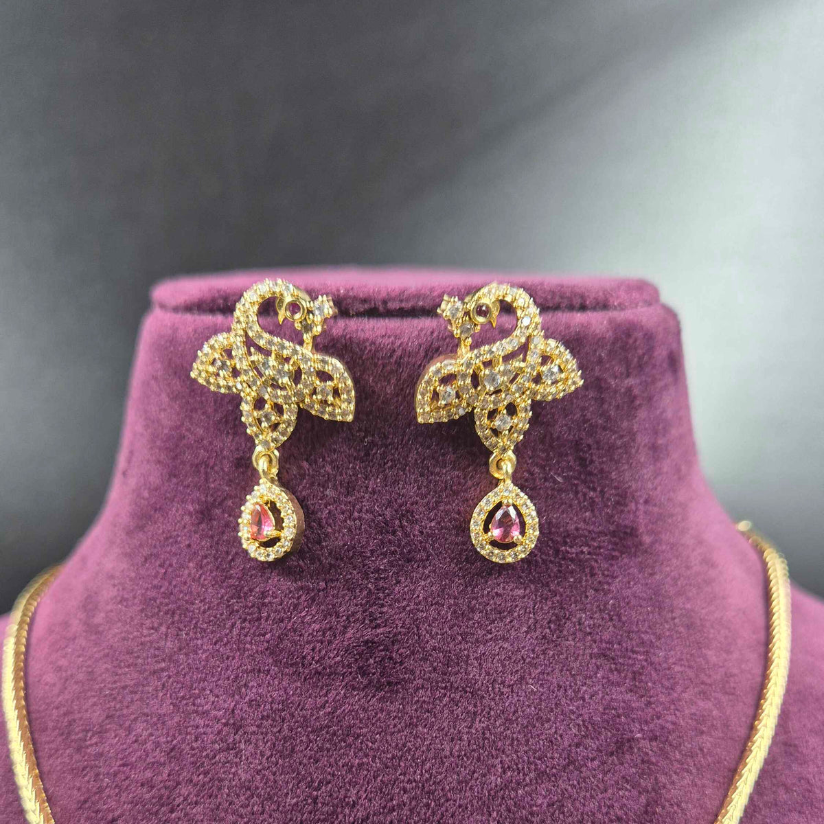Diamond replica  Pink CZ Floral Pendant Necklace Set with Designer Earrings | Gold Finish Jewellery