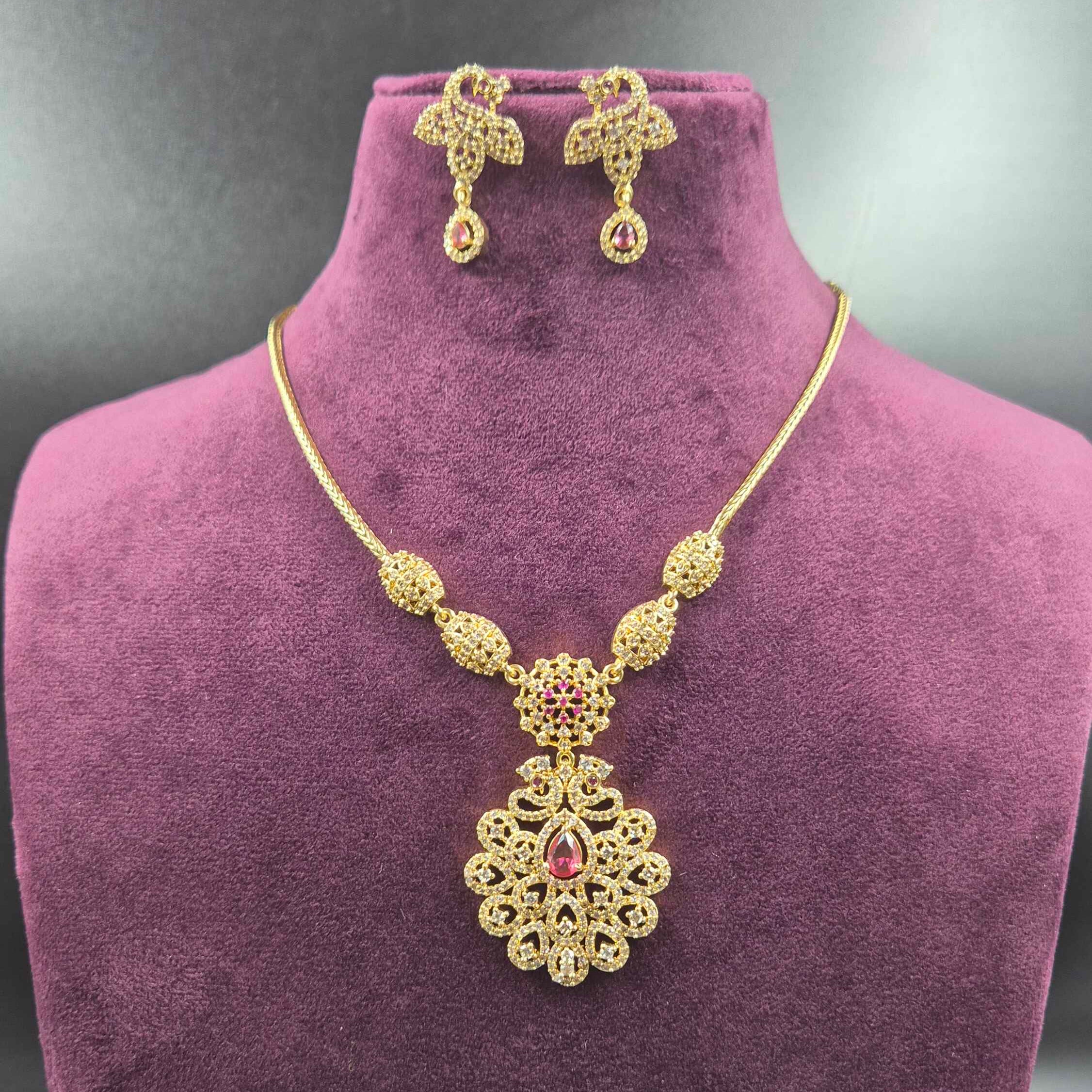 Diamond replica  Pink CZ Floral Pendant Necklace Set with Designer Earrings | Gold Finish Jewellery